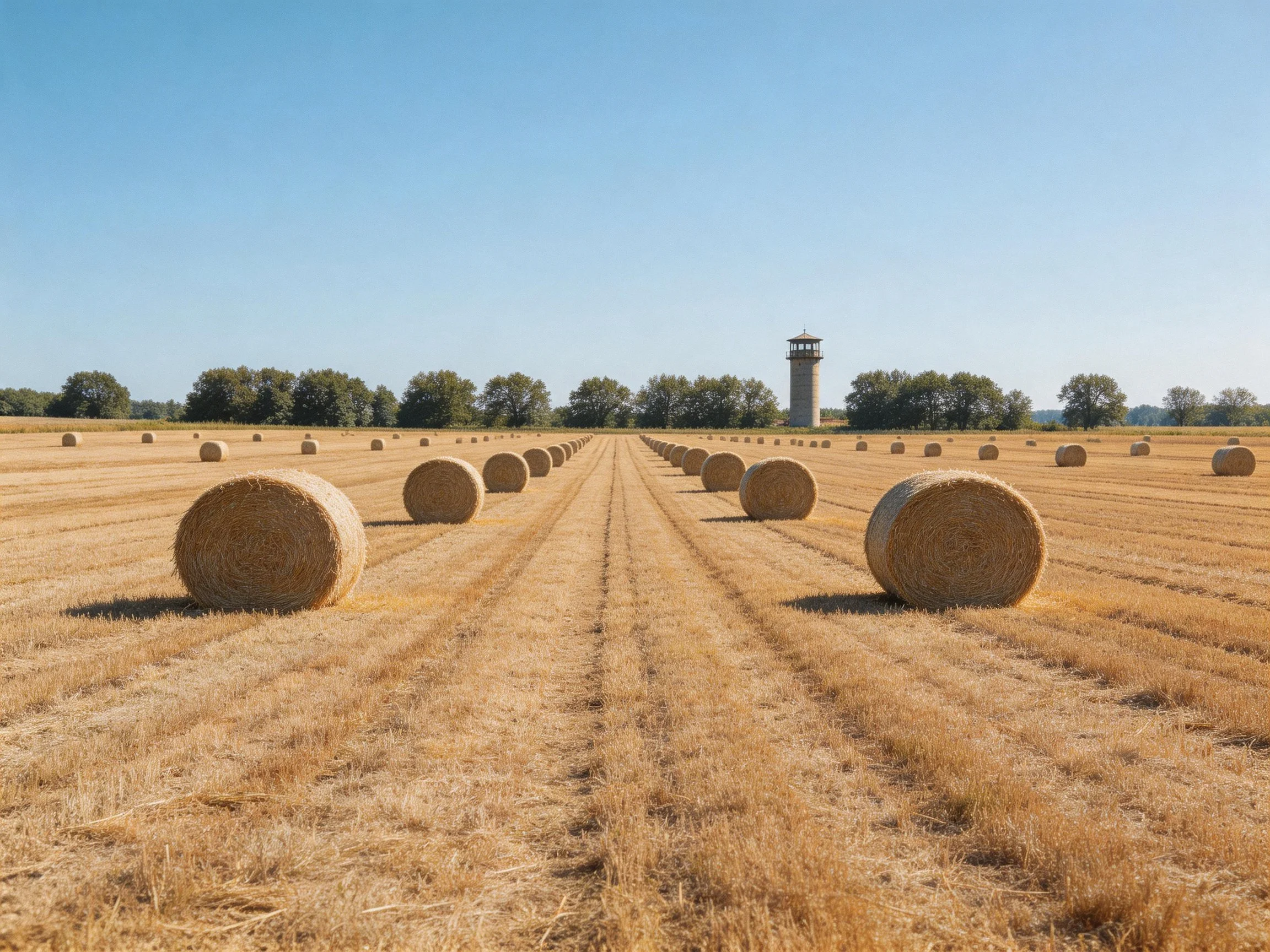 Hay bales in golden fields near tower under blue sky