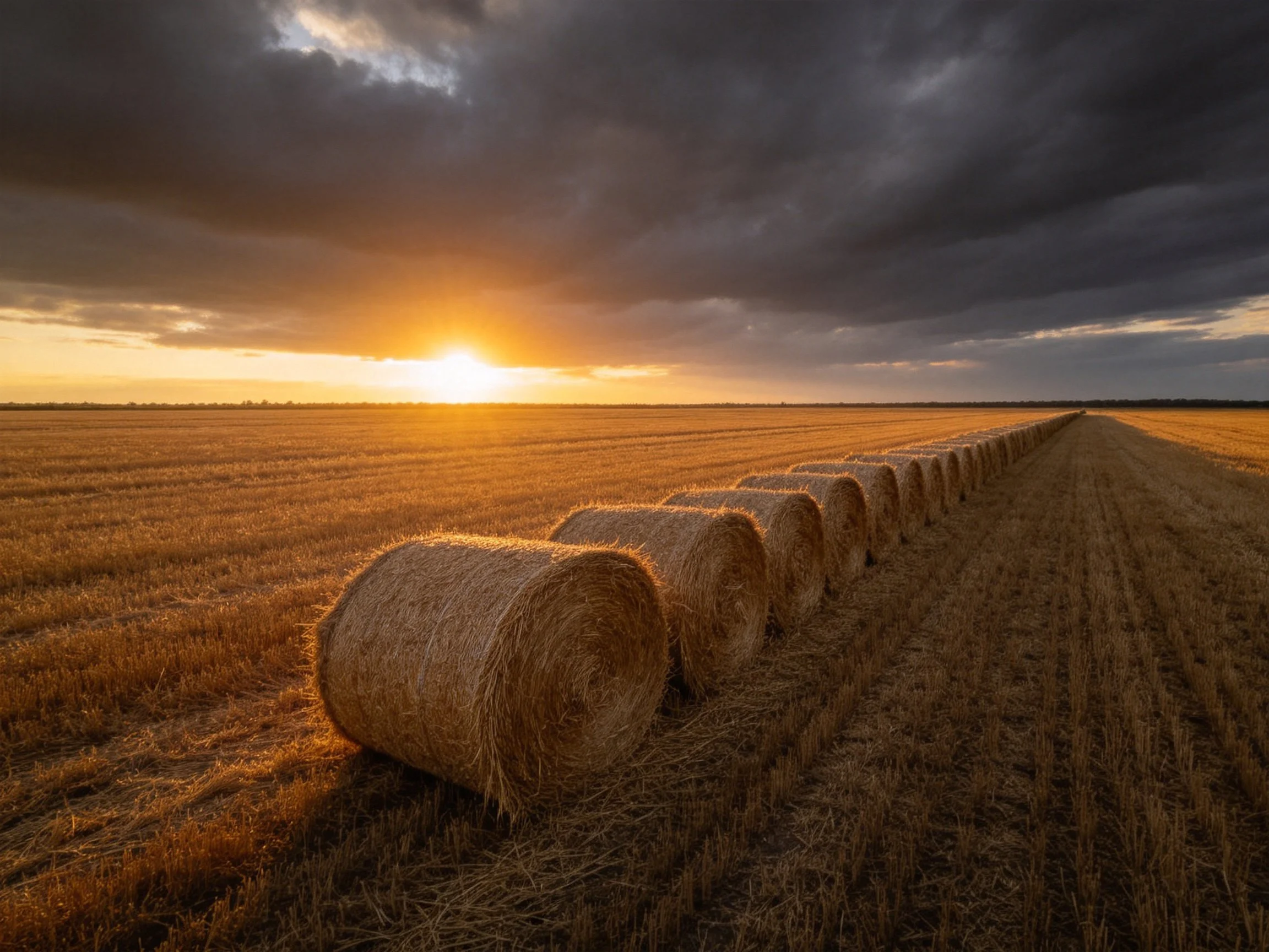 Hay bales lined in golden field under dramatic sunset sky