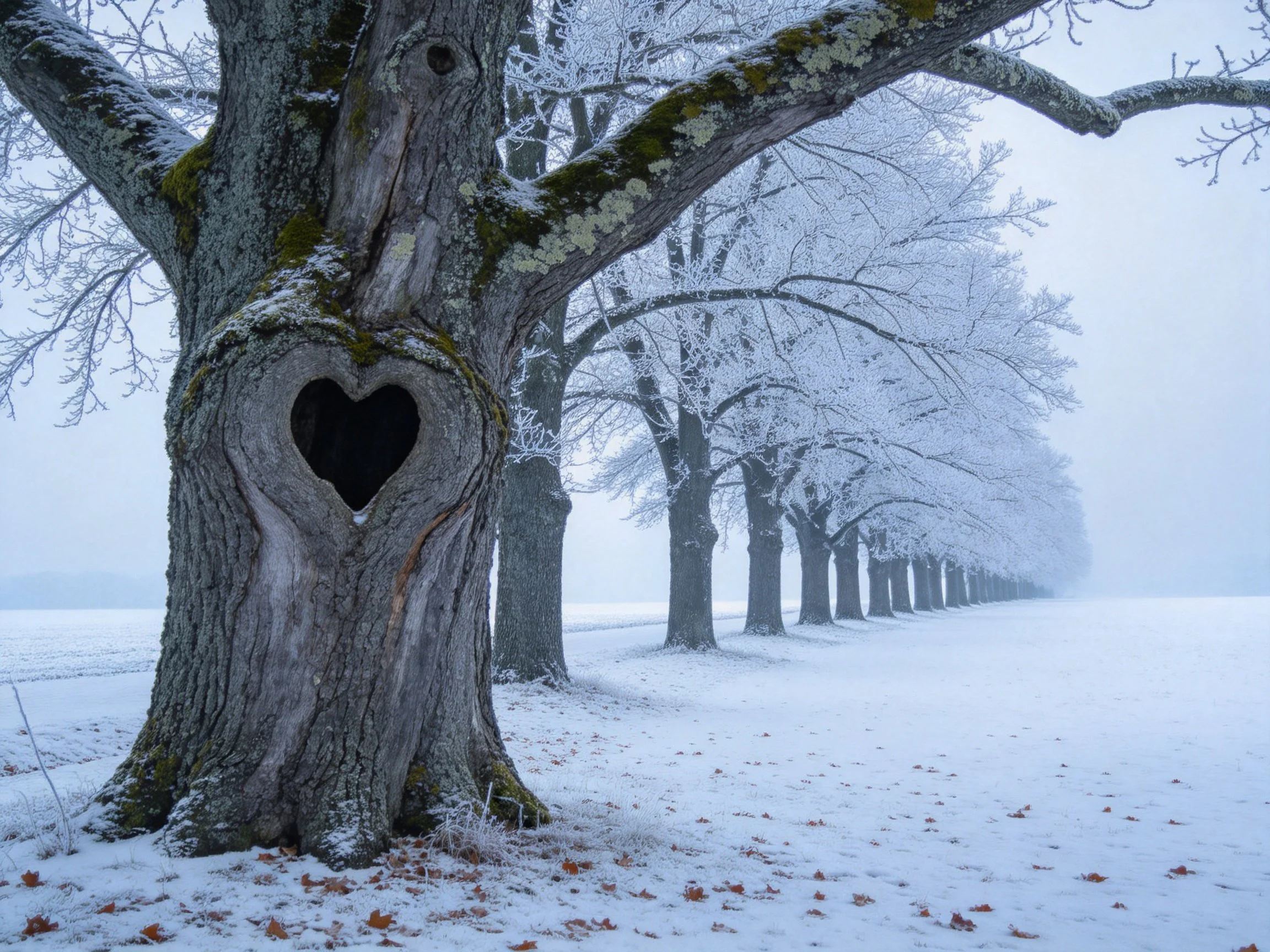 Heart-carved oak tree in snowy winter forest avenue