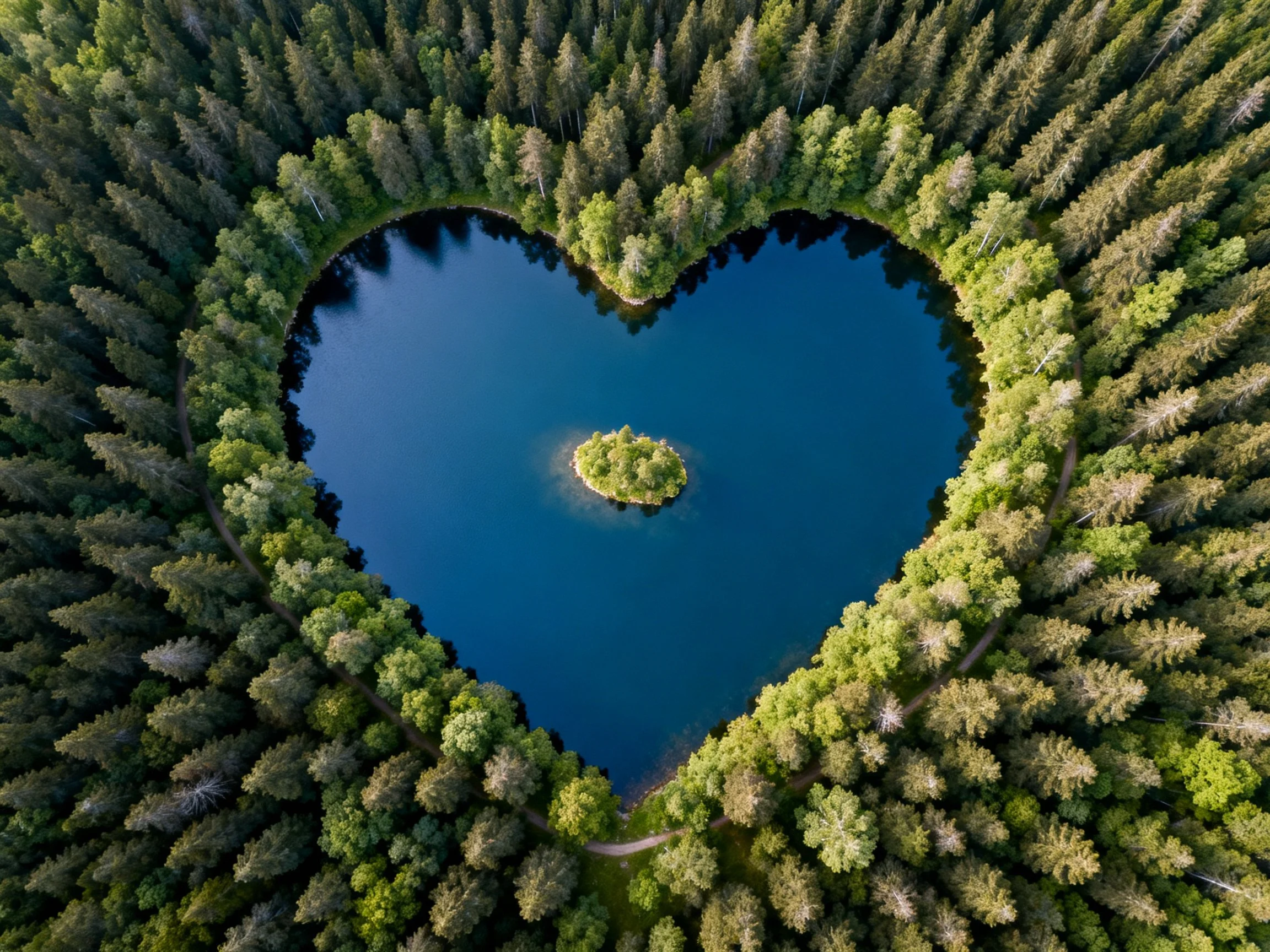 Heart - shaped lake with deep blue water, encircled by dense forests