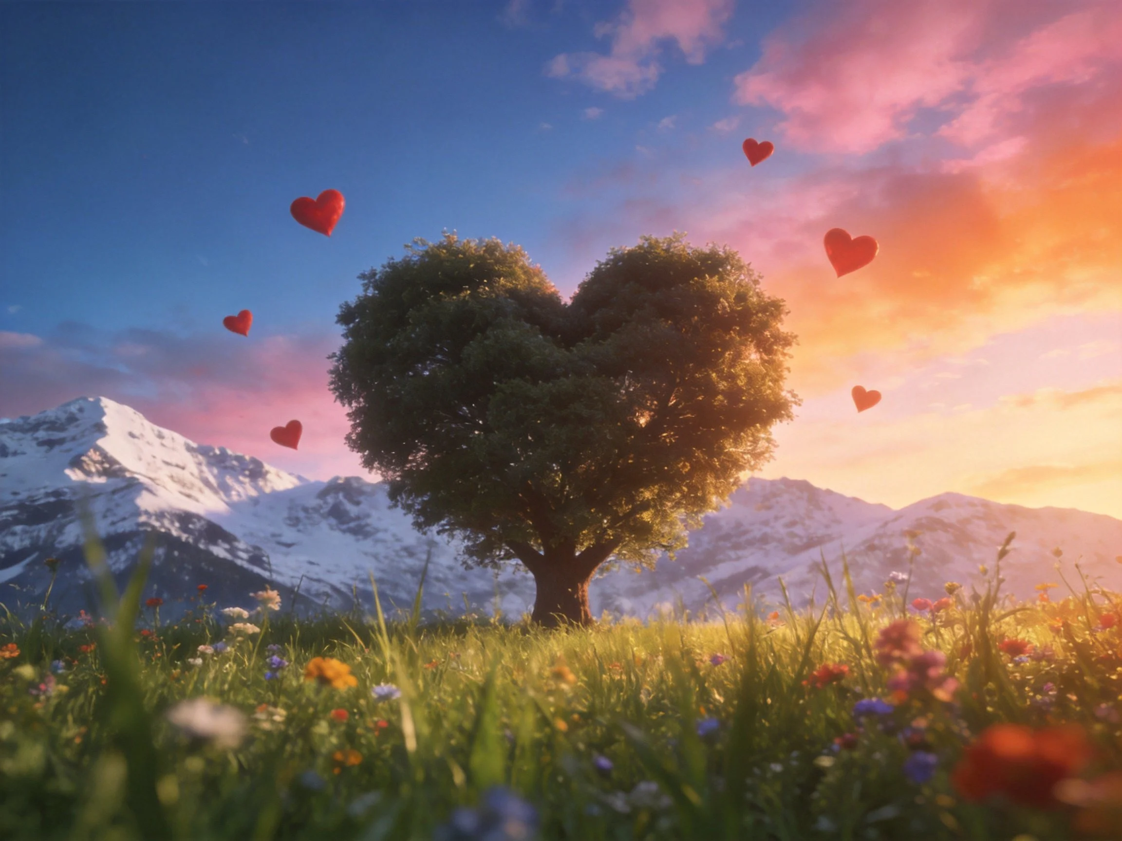 Heart - shaped tree in flower meadow with snowy mountains