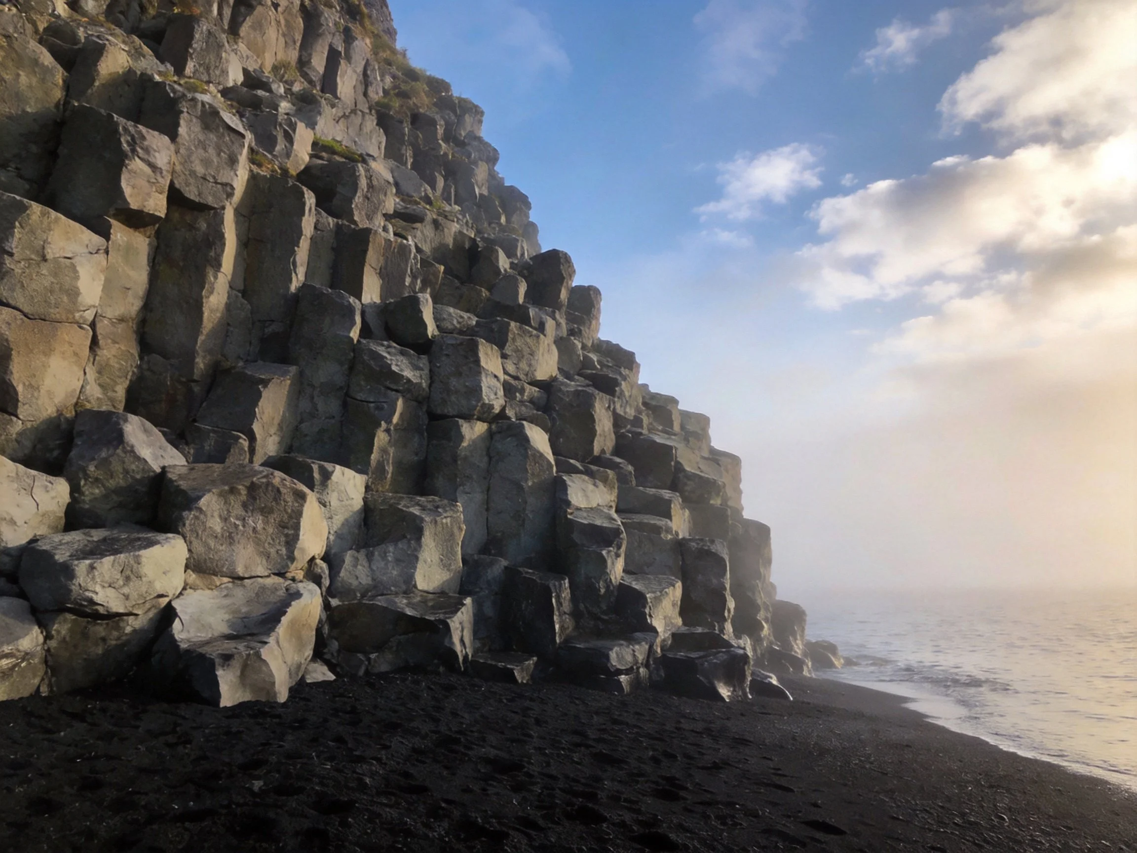 Hexagonal basalt cliffs along a black sand shoreline by the sea