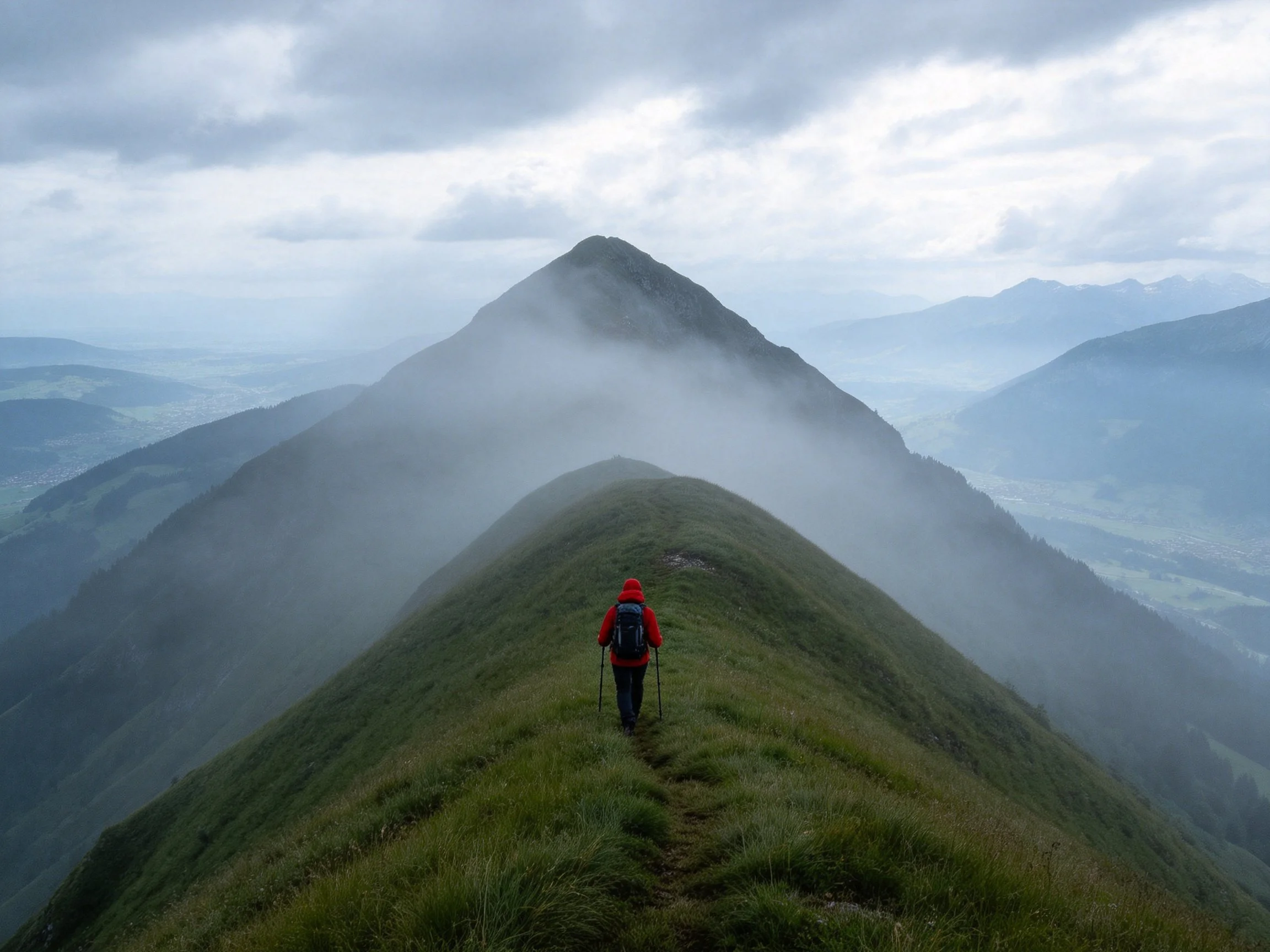 Hiker in red jacket traverses misty mountain ridgeline