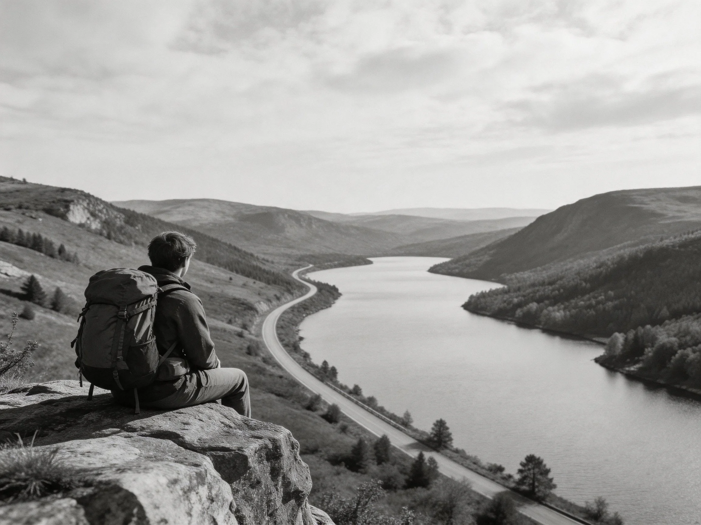 Hiker overlooking winding river among rolling hills