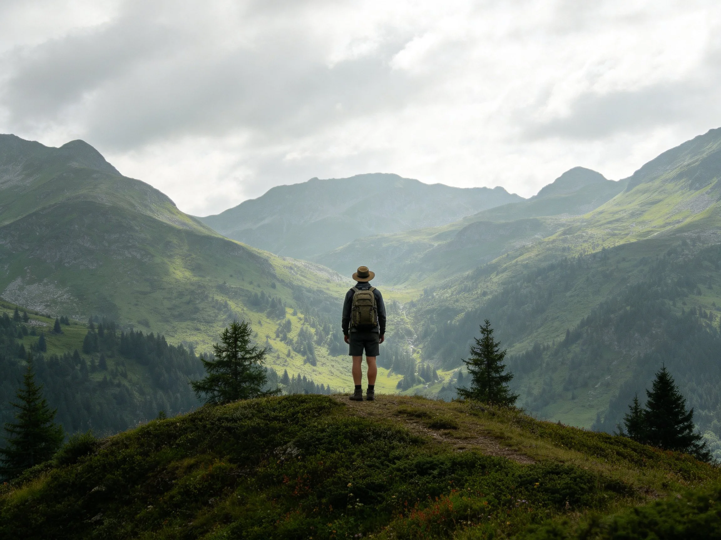 Hiker stands atop grassy hill overlooking misty mountain ranges