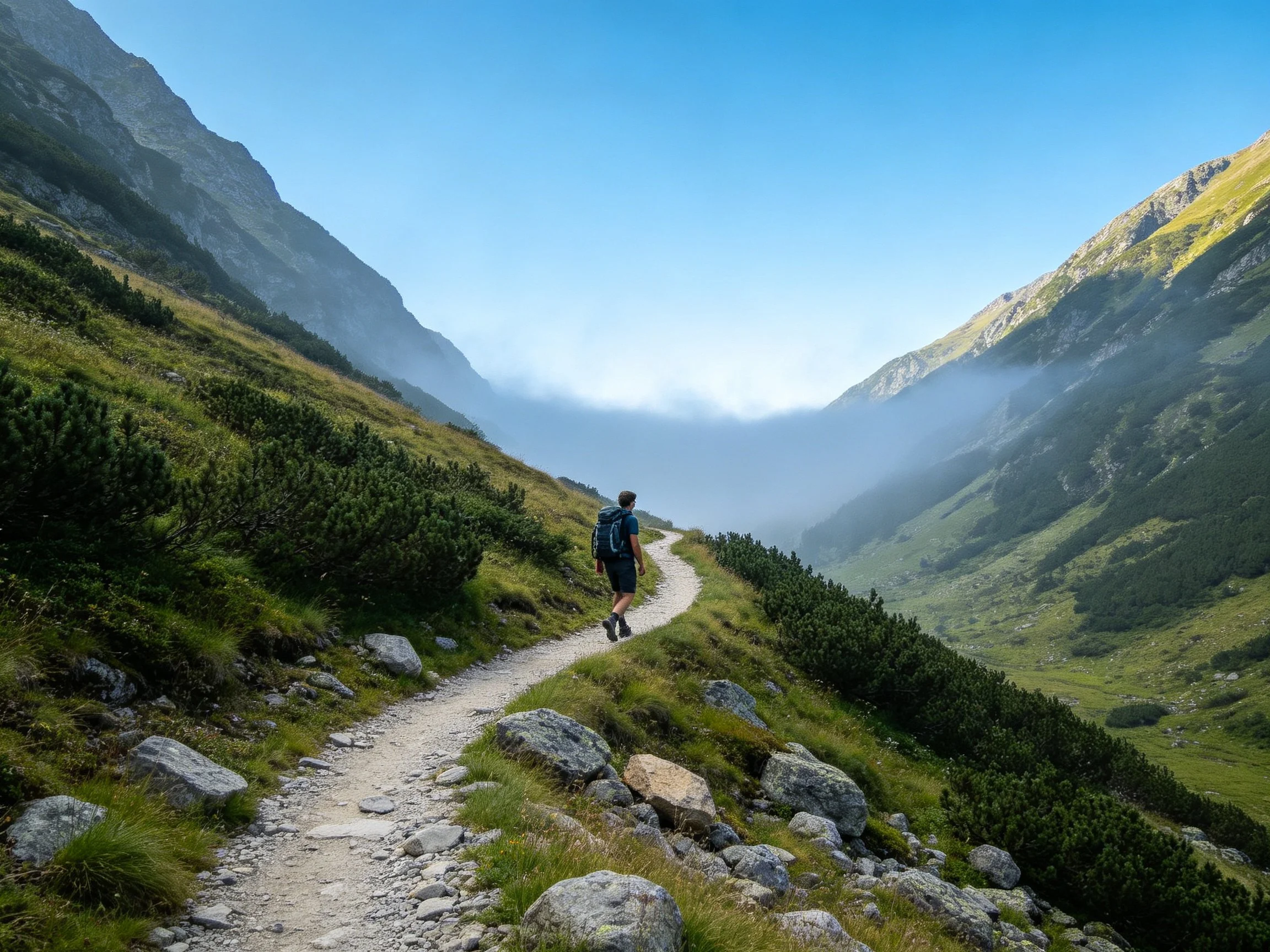 Hiker traverses rocky mountain trail amid lush green valleys