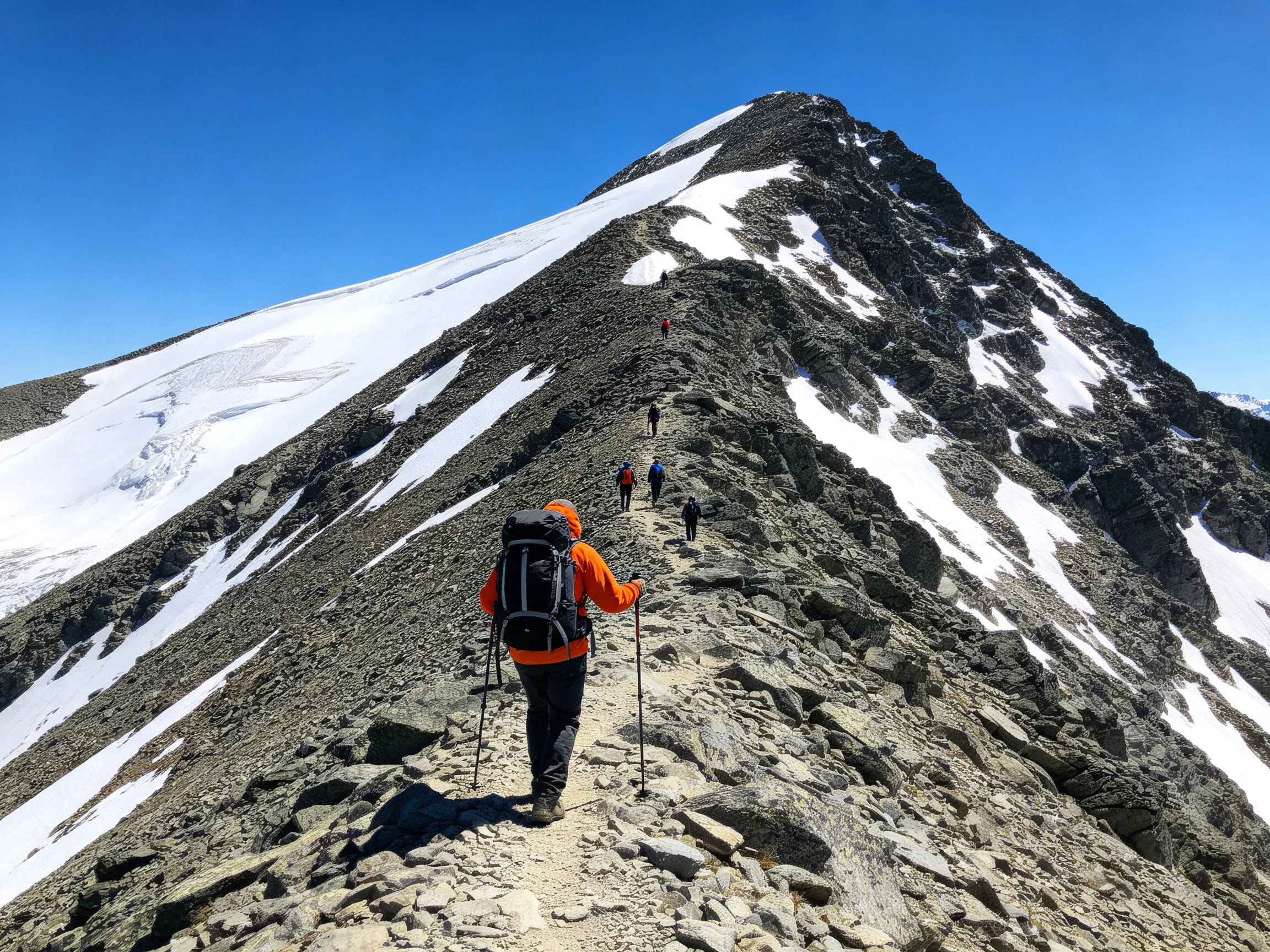 Hikers climbing a rocky mountain ridge with snow patches