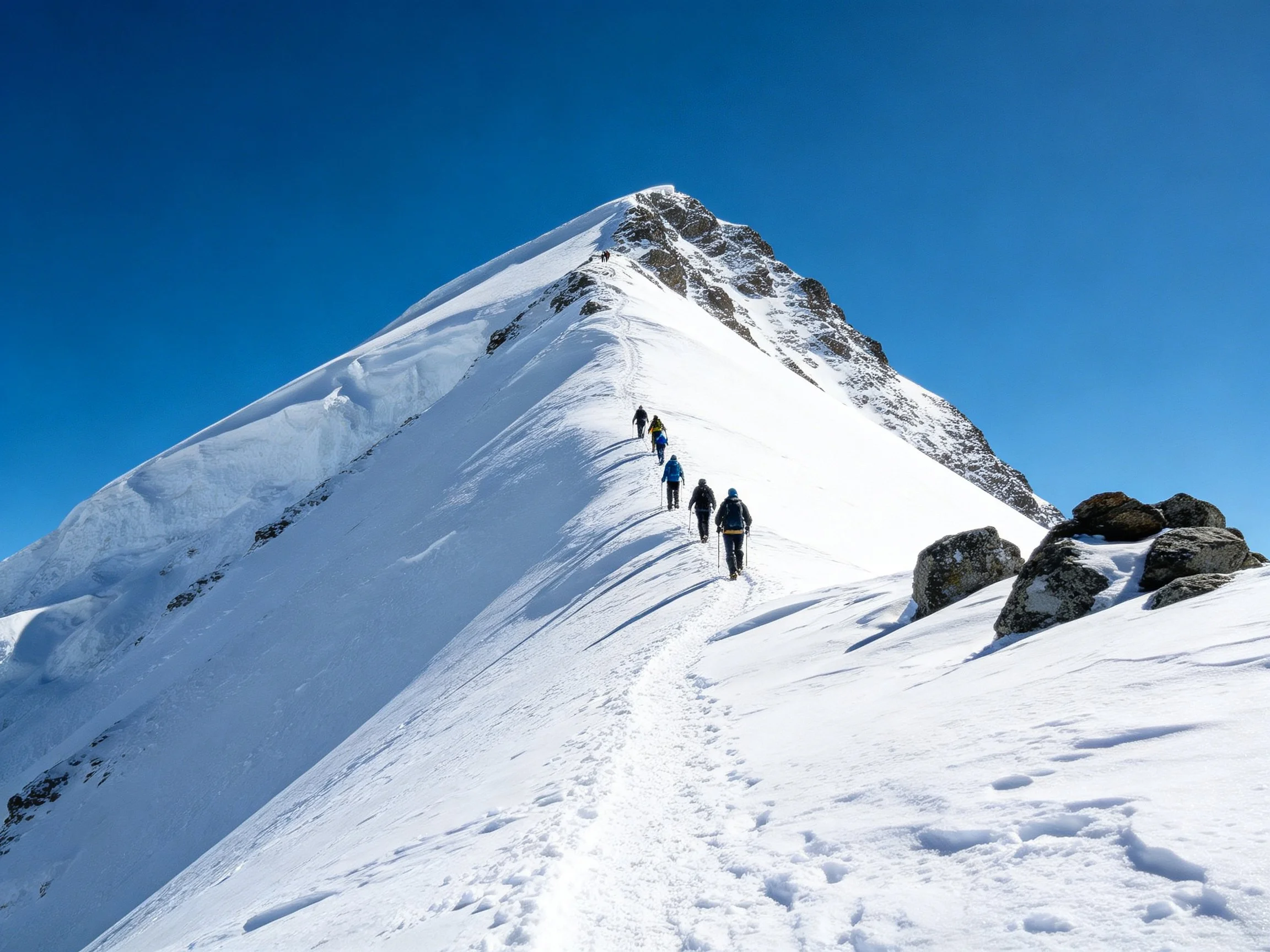 Hikers climbing a snow - covered mountain peak under clear blue sky