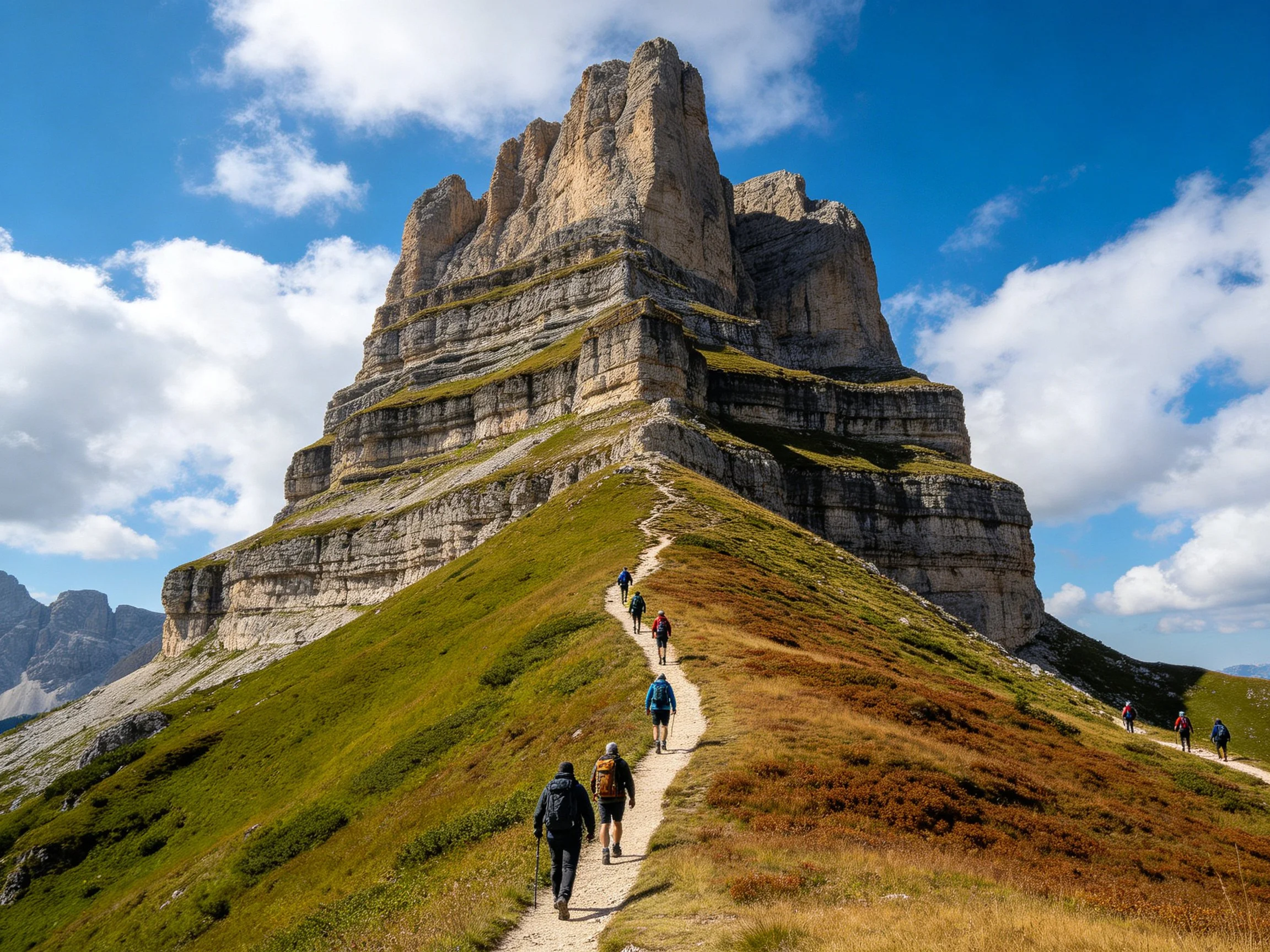 Hikers climbing a steep path beside massive layered rock formations under clear blue sky