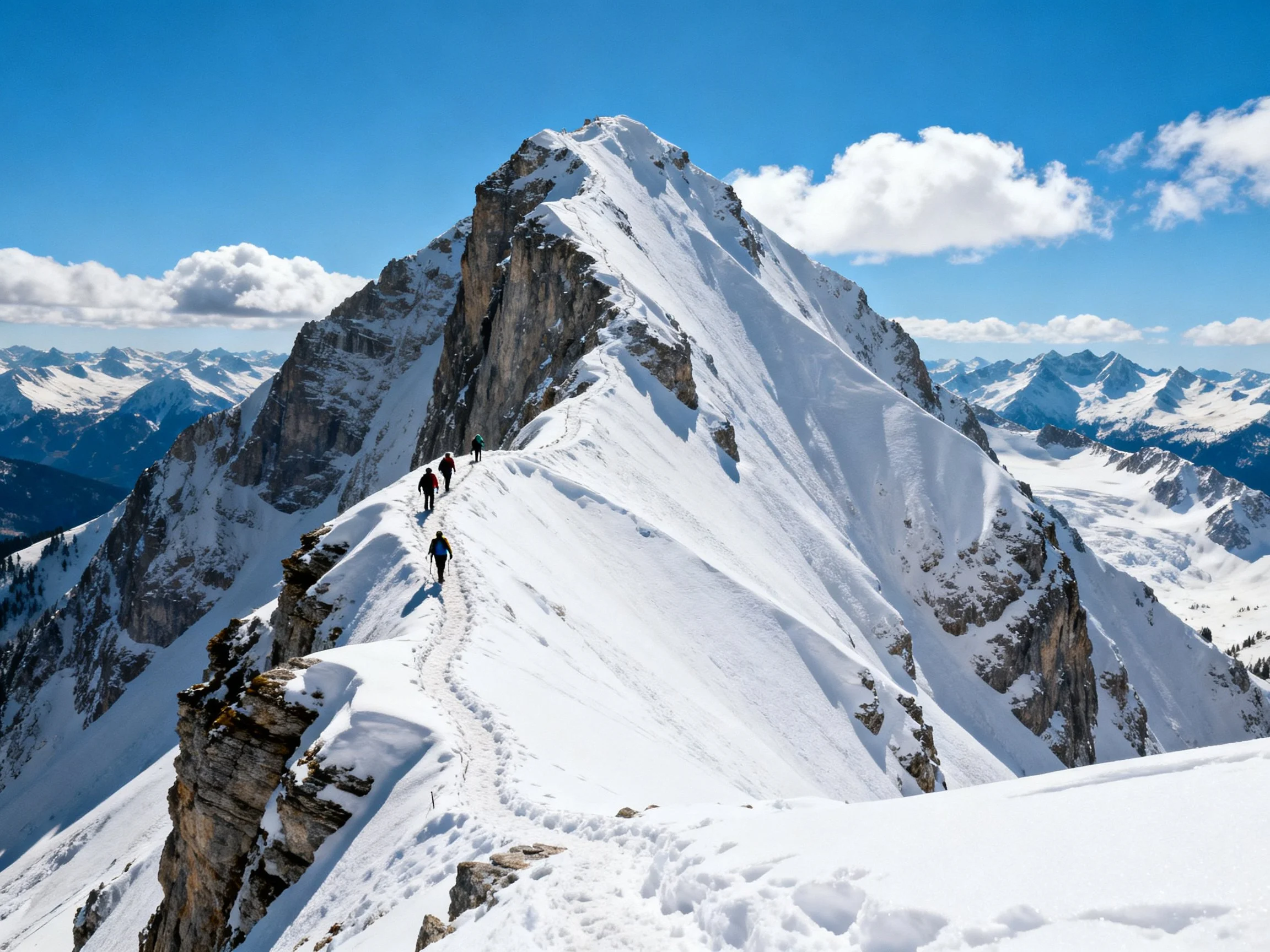 Hikers navigate a snow - covered mountain ridge under clear blue skies