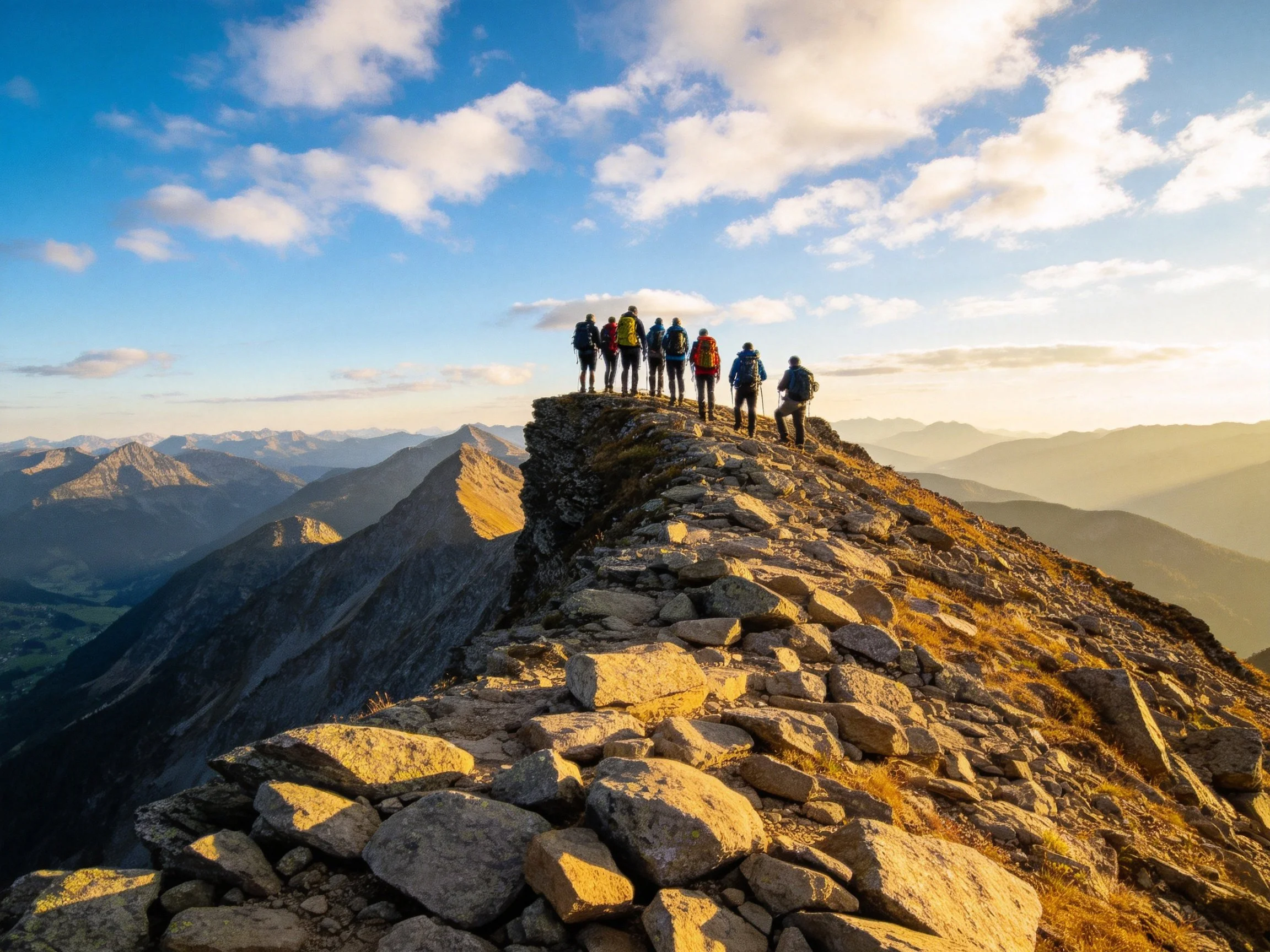 Hikers stand atop a rocky mountain ridge under golden sunlight
