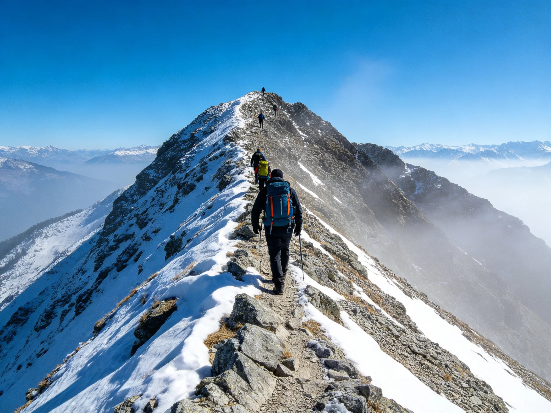 Hikers traverse a snow-dotted rocky mountain ridge under bright blue sky
