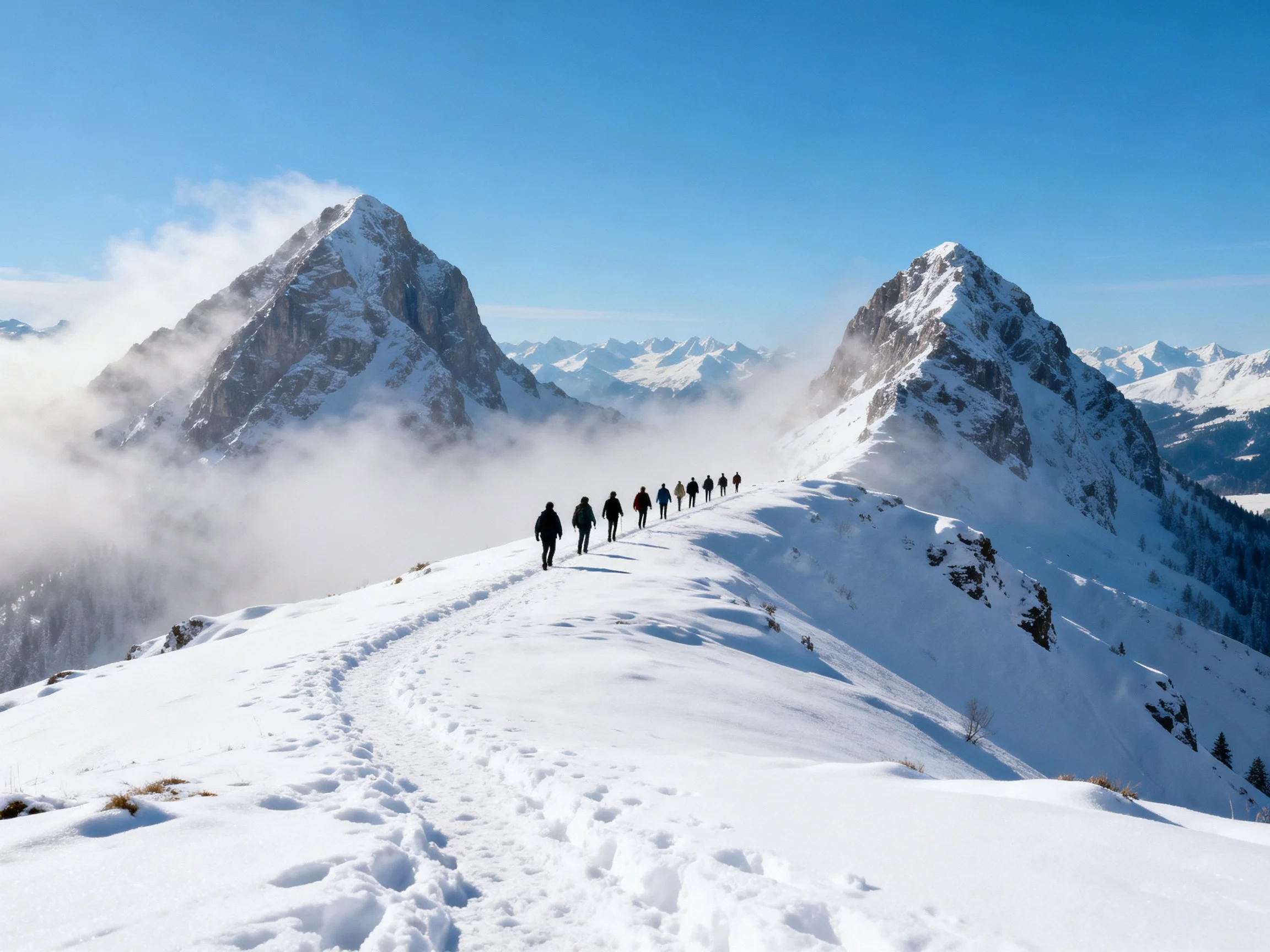 Hikers traverse snow - covered mountain ridges between towering peaks