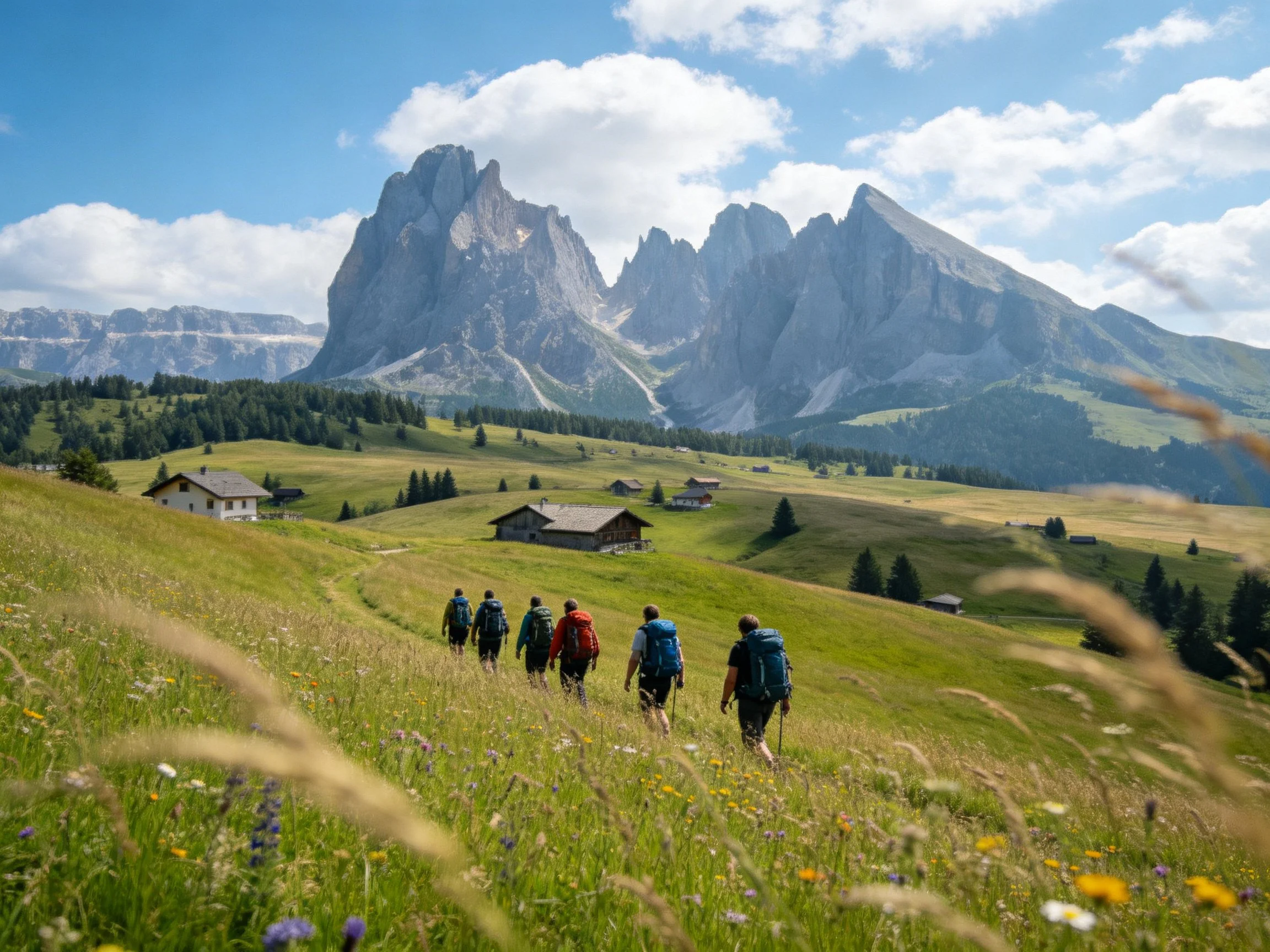 Hikers trekking through a vibrant alpine meadow with towering peaks