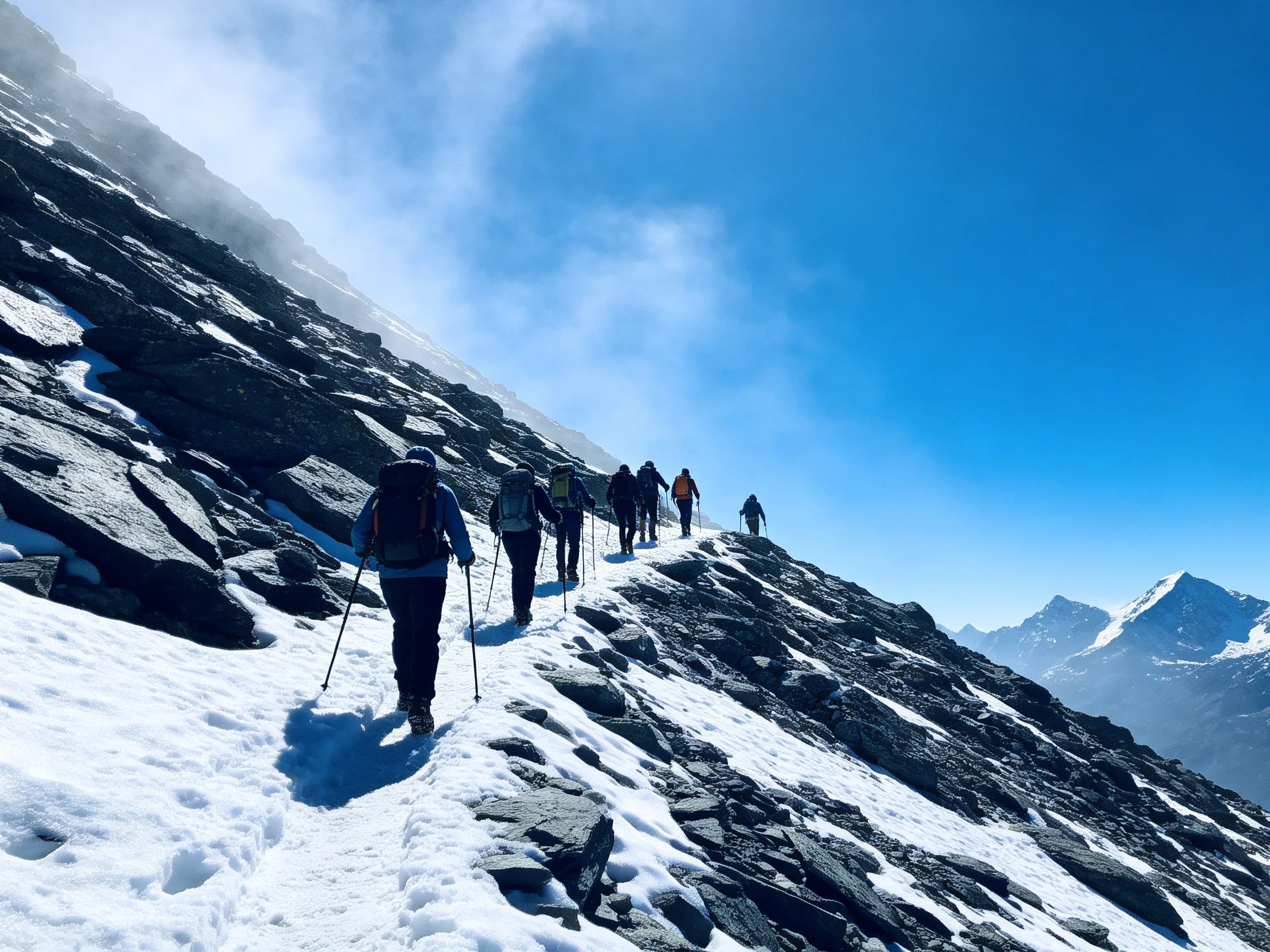 Hikers trekking up a snow-dusted rocky mountain slope
