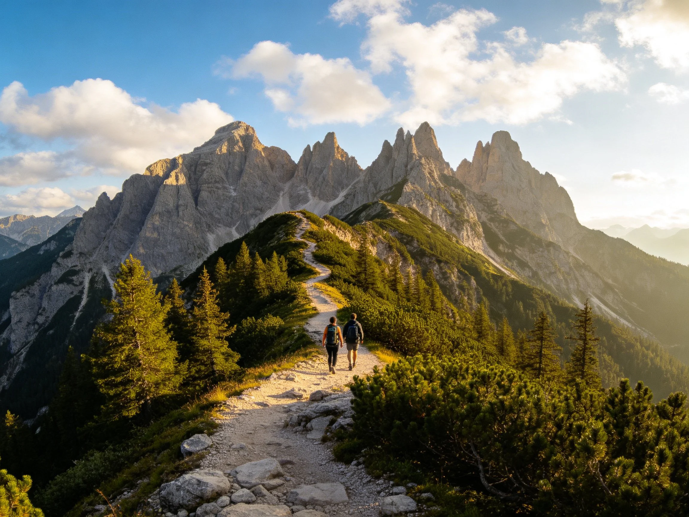 Hikers walk along a rocky mountain ridge with towering peaks