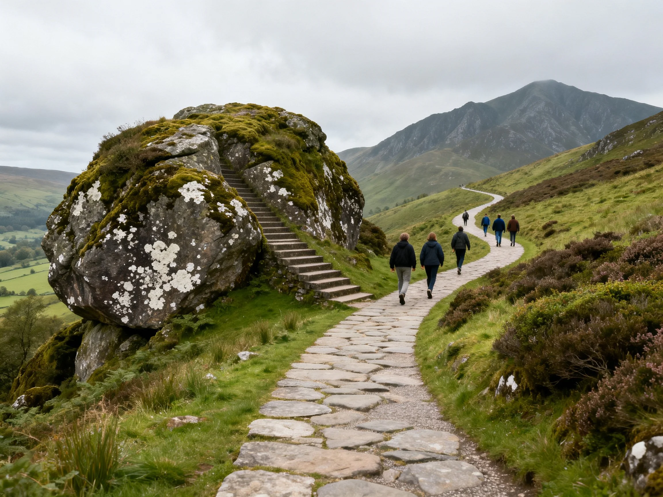 Hikers walk stone path beside moss-covered rocky outcrop