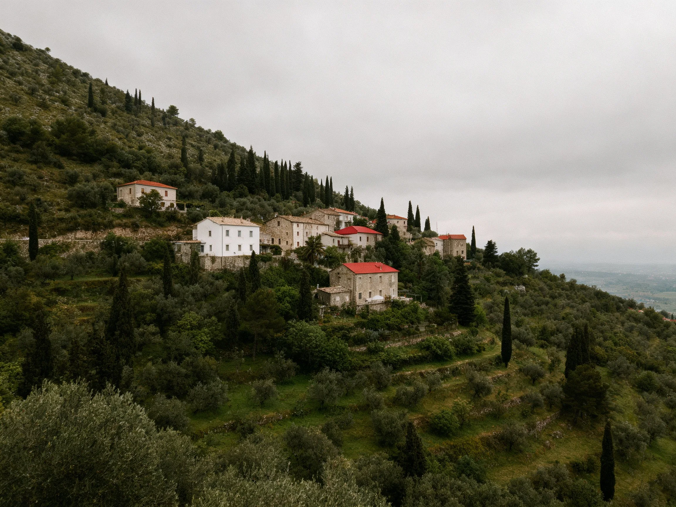 Hillside Village with Red-Roofed Homes Among Verdant Hills