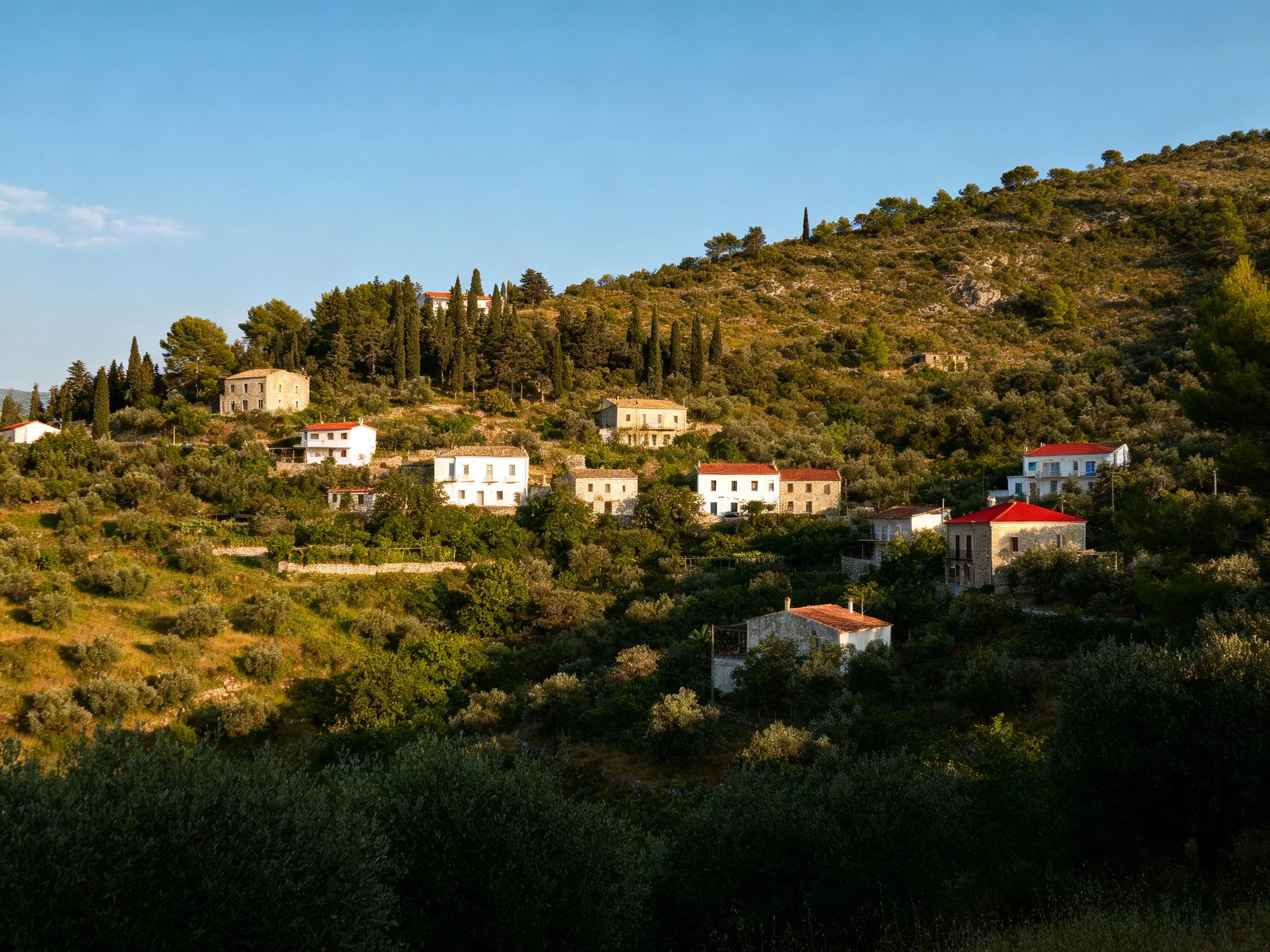 Hillside Village with White Houses and Red Roofs