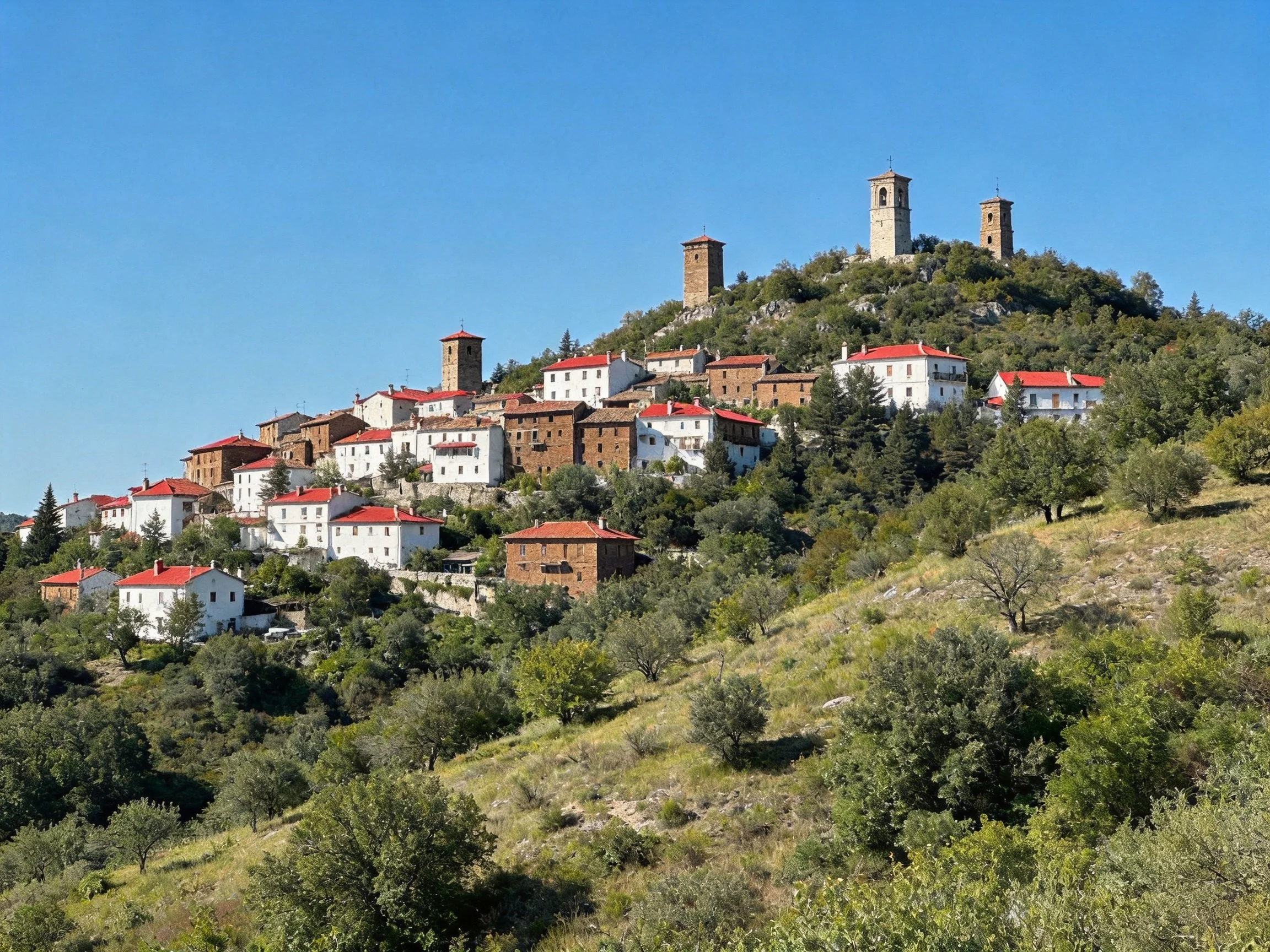 Hilltop Village with White Houses and Red Roofs