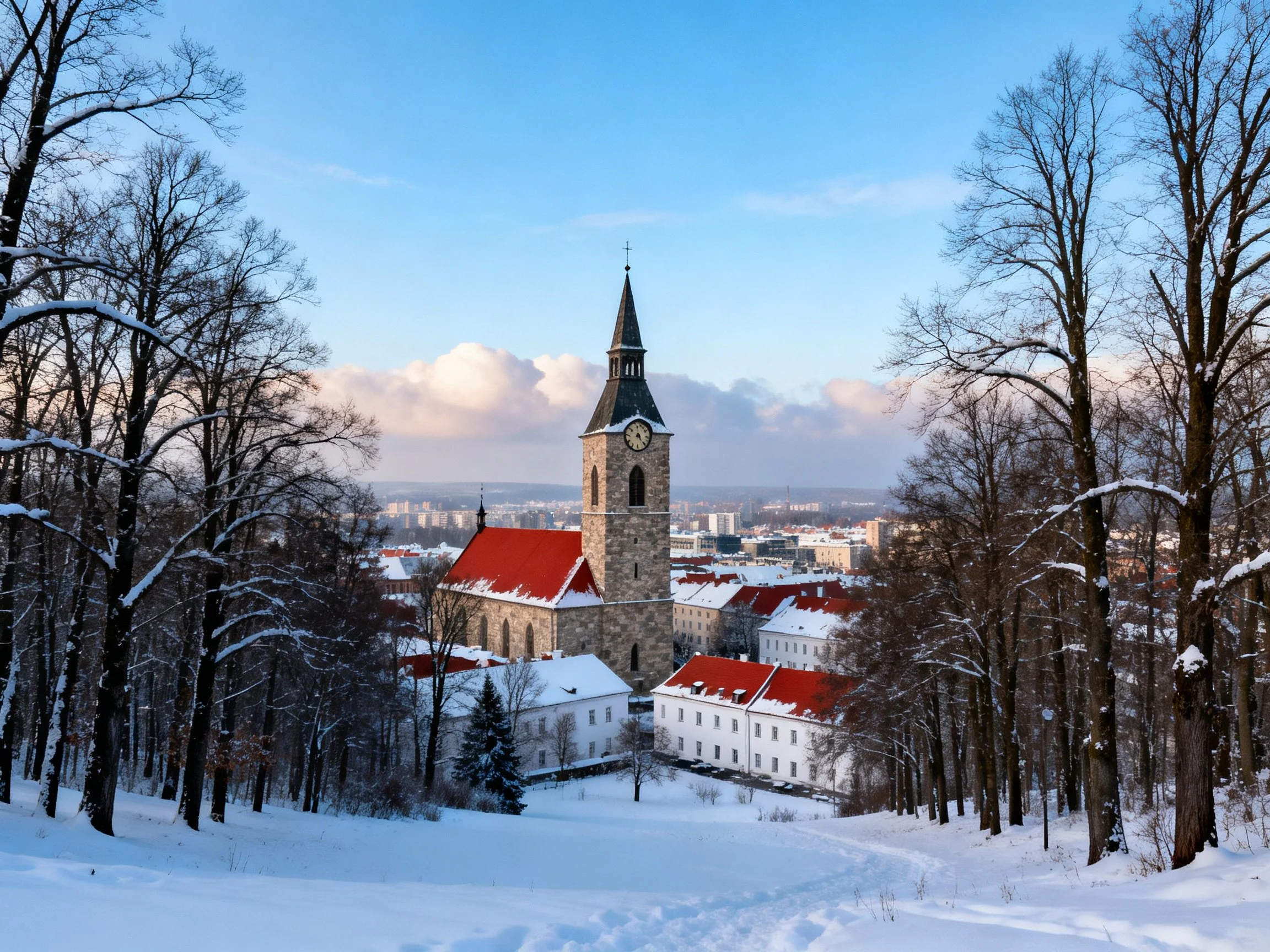 Historic Church Tower Amidst Snow-Covered Forest Landscape