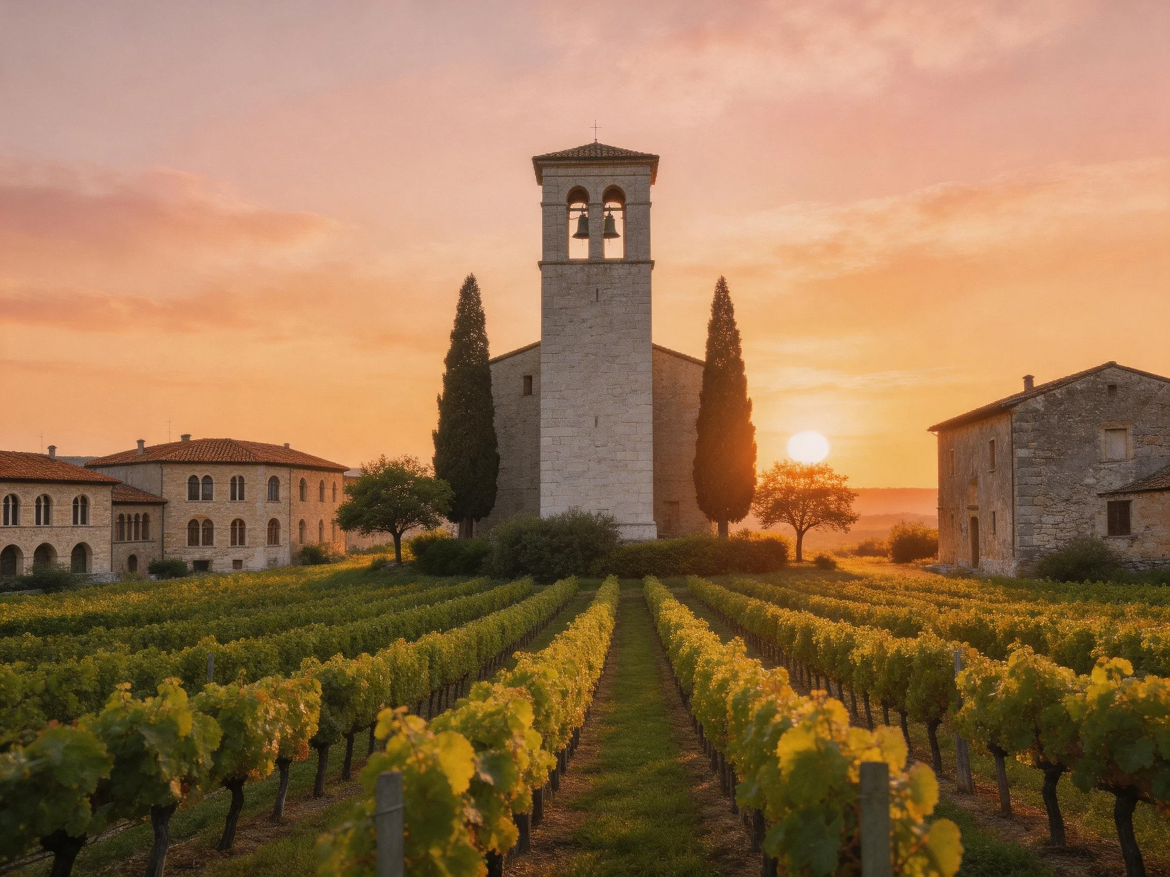 Historic Stone Church Near Vineyards at Sunset