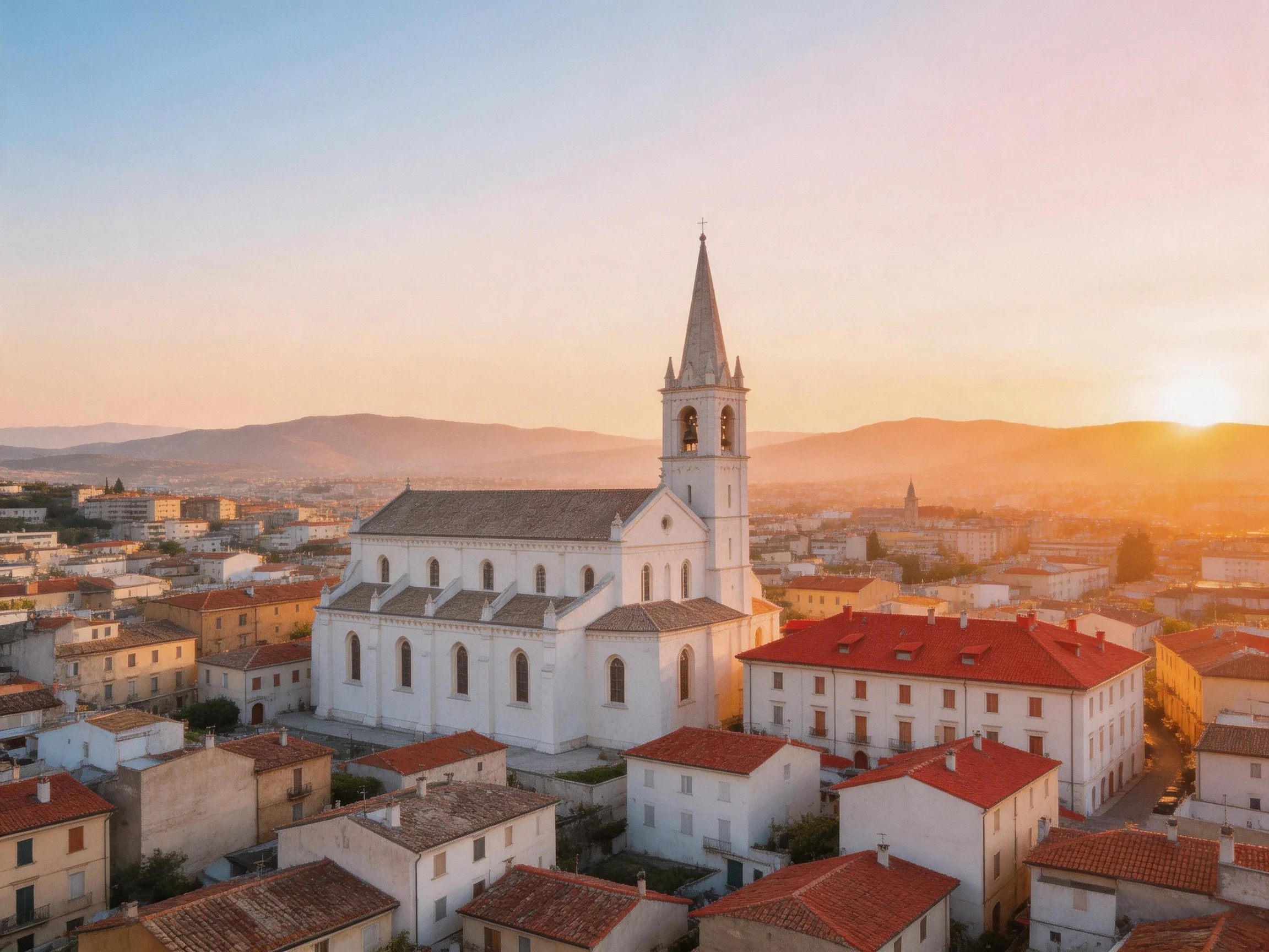 Historic White Church Amidst Red-Tiled Town Under Golden Sunset