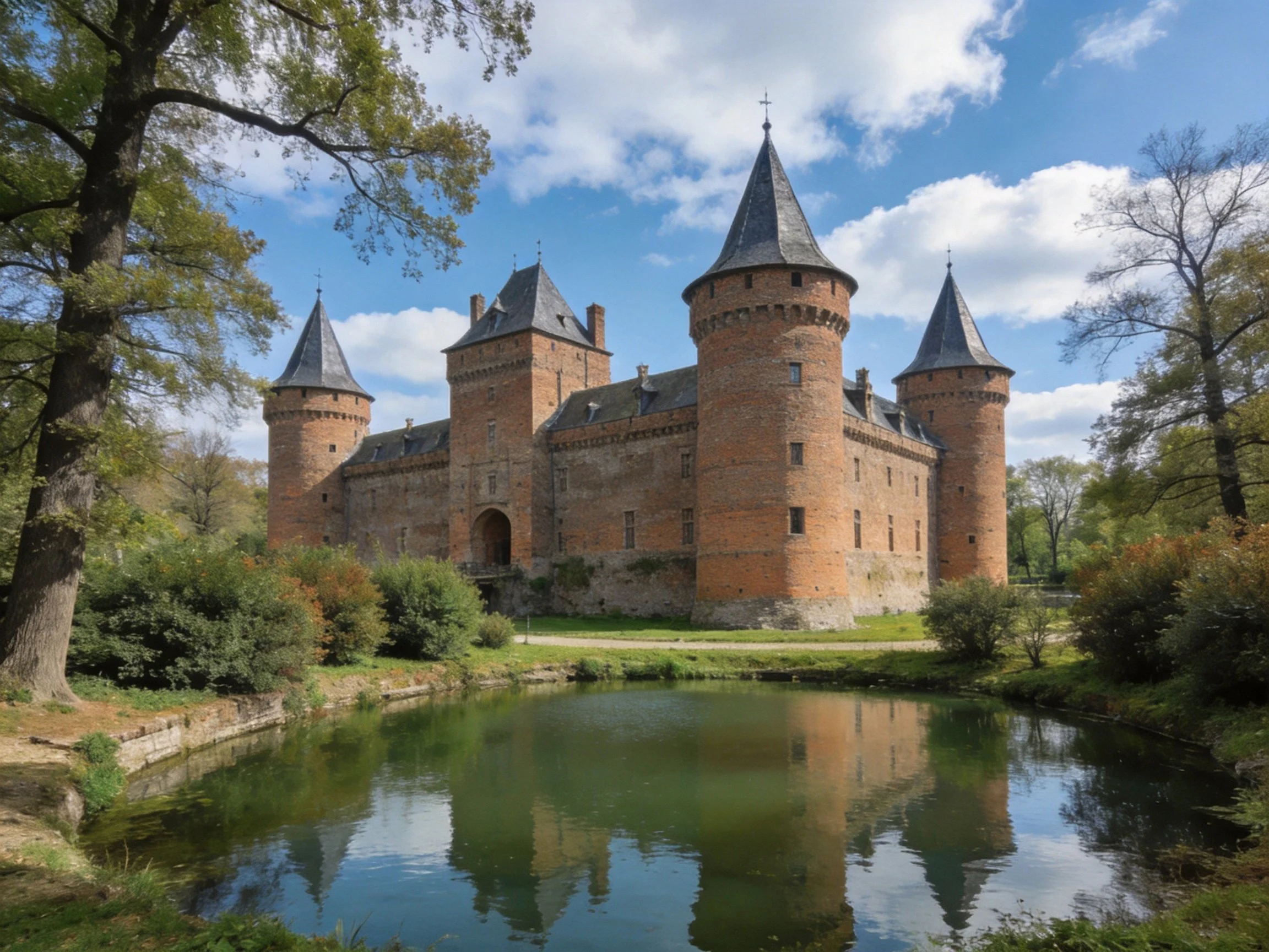 Historic brick castle with four towers near moat