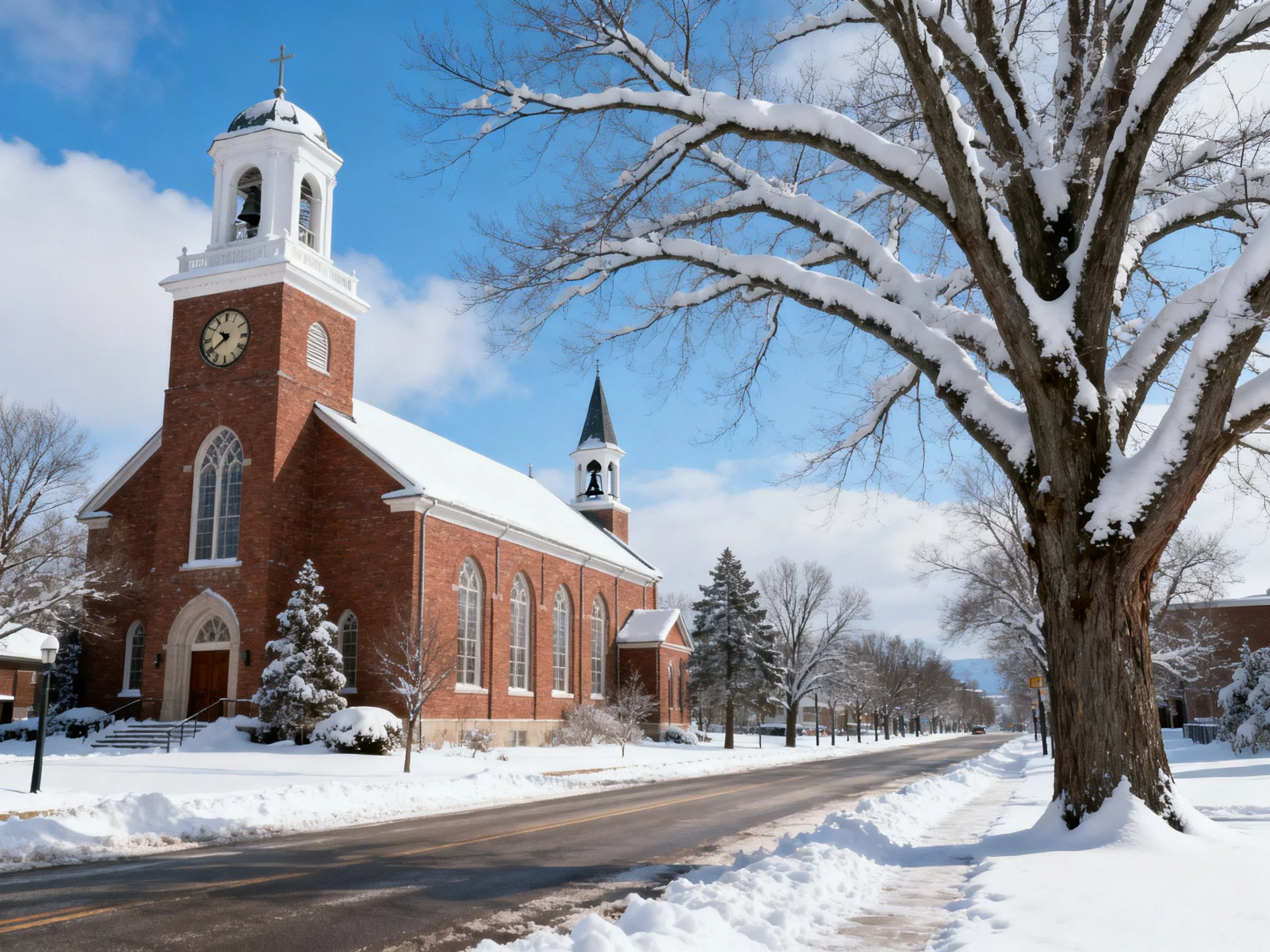 Historic brick church with clock tower in snowy setting