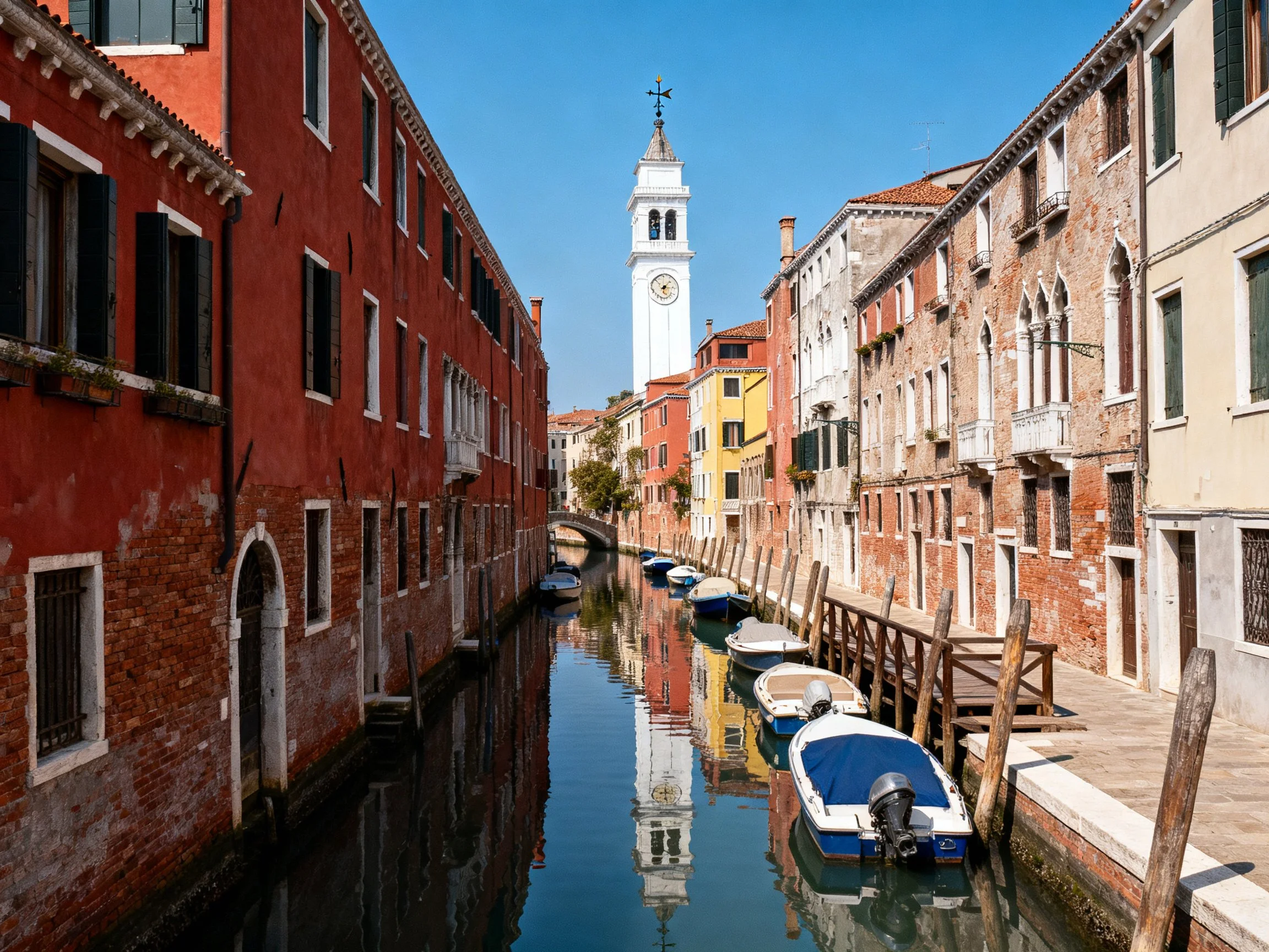 Historic buildings surround a calm canal with docked boats and a distant clock tower