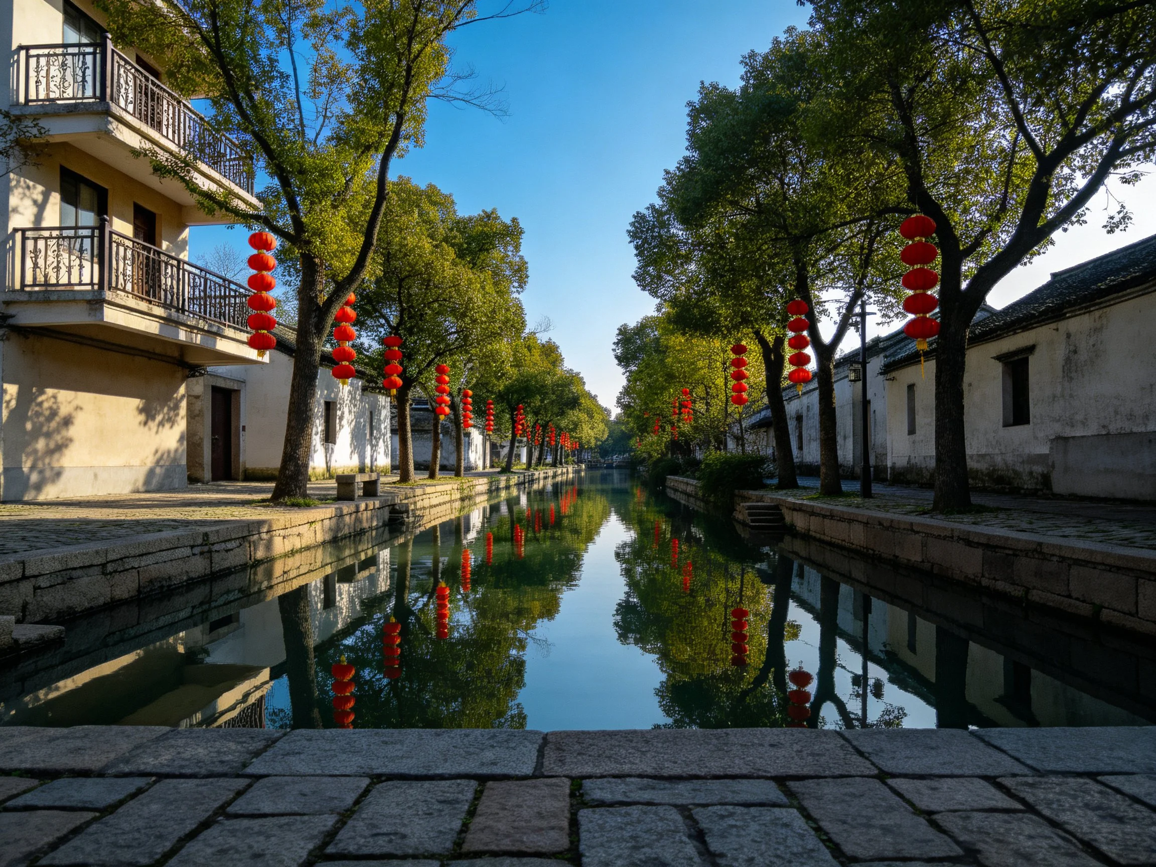 Historic canal village with red lanterns reflecting in water