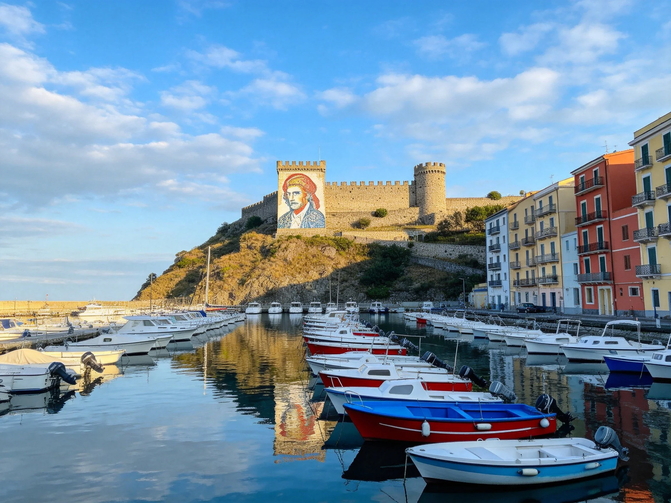 Historic castle overlooks marina with colorful boats and vibrant murals