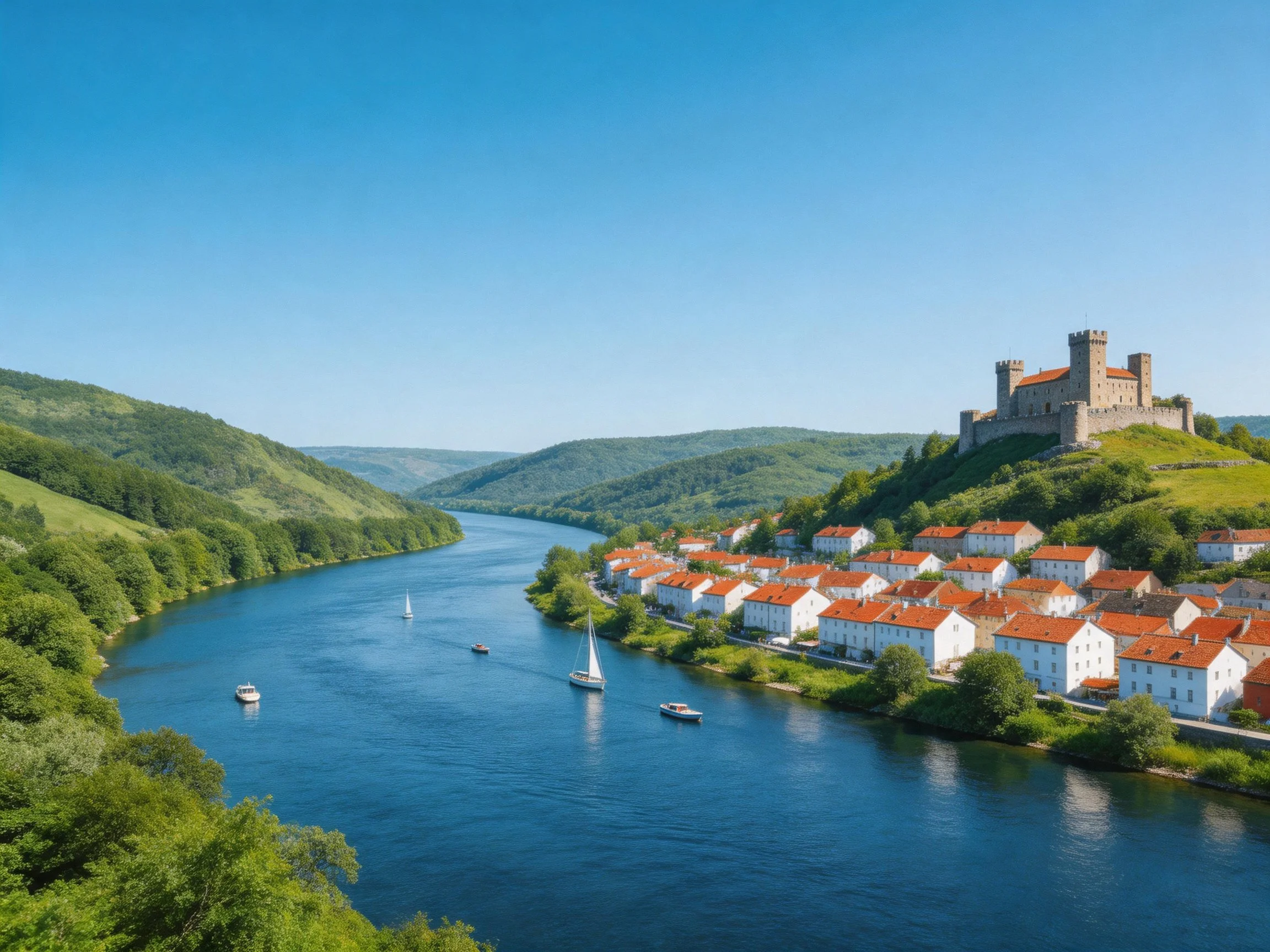 Historic castle overlooks riverside town with red roofs