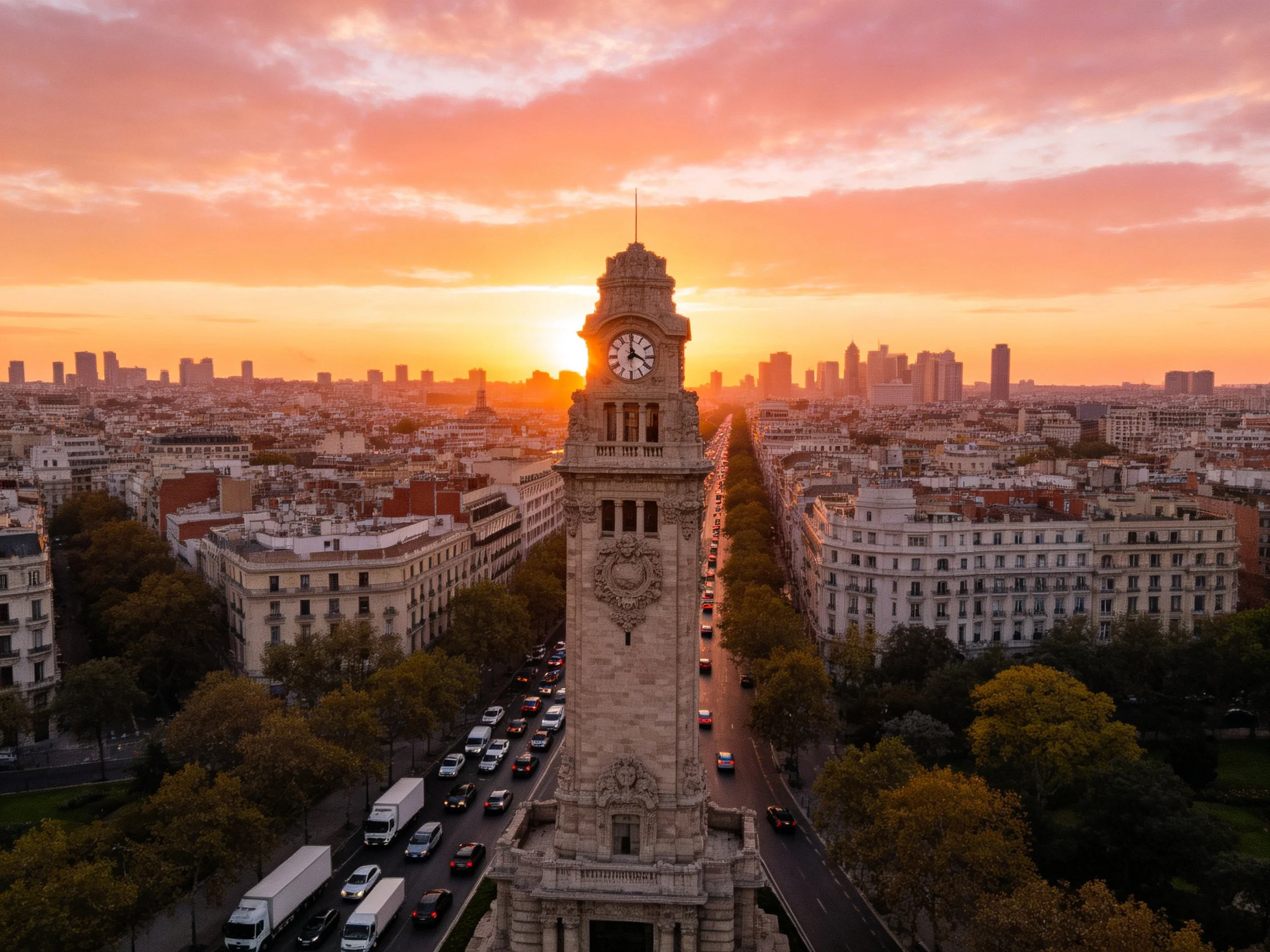 Historic clock tower dominates city skyline at sunset