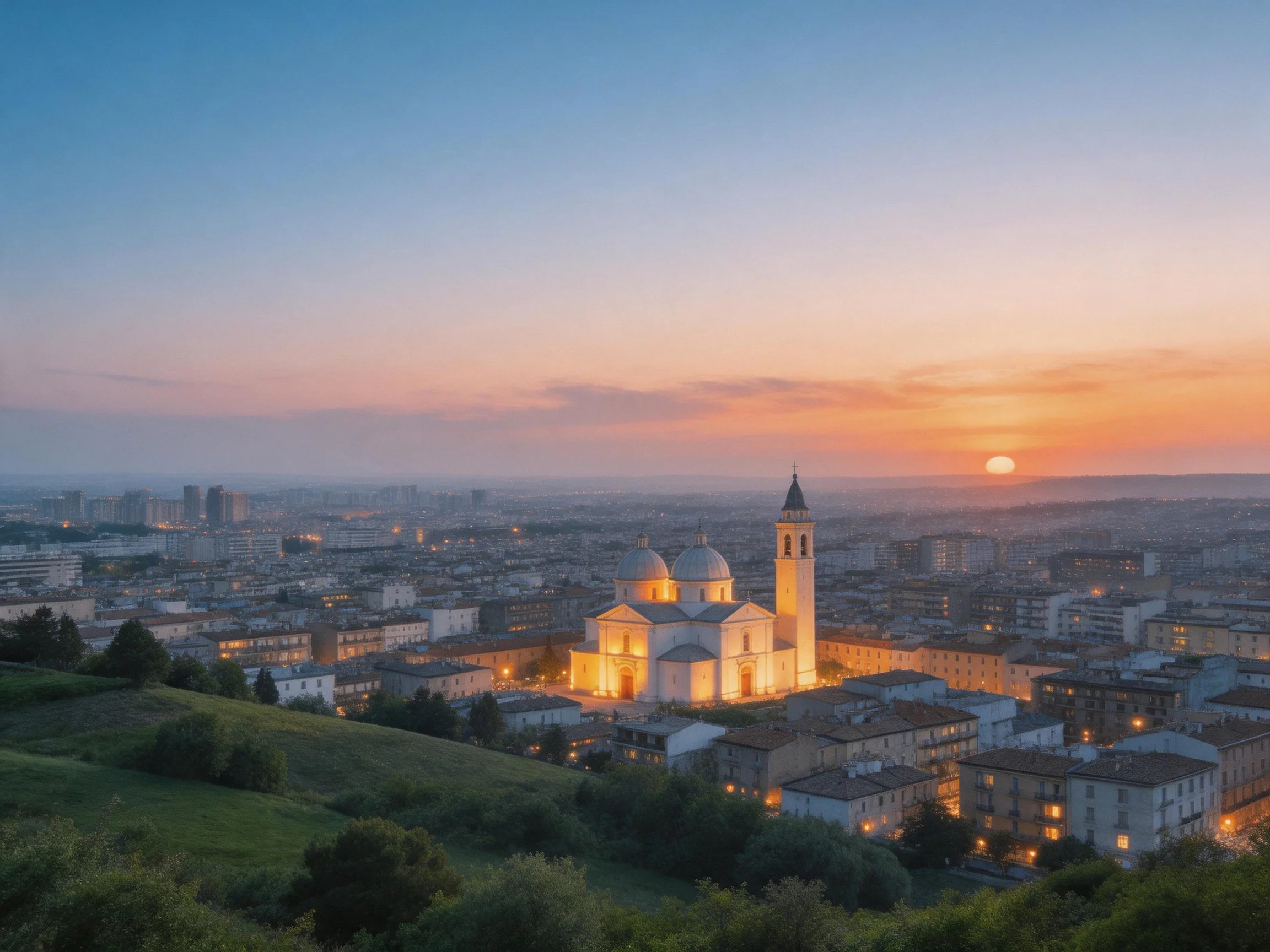 Historic domed church lit by sunset over sprawling urban landscape
