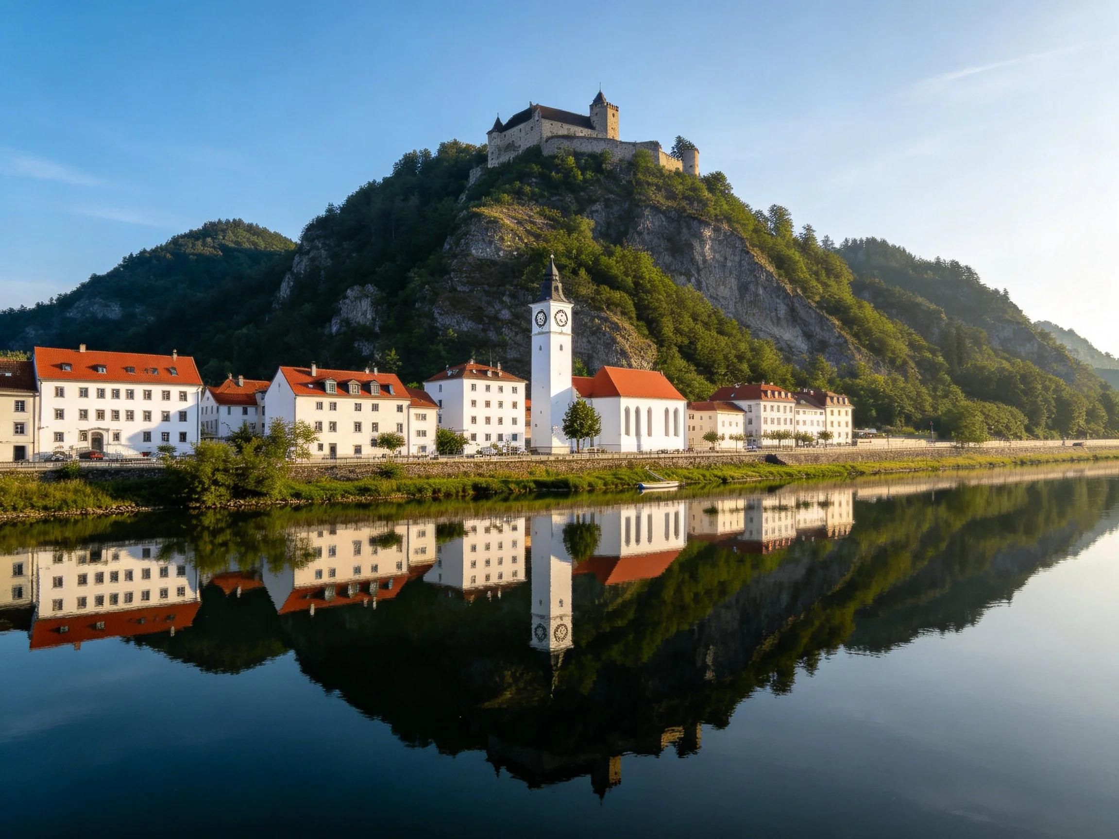 Historic hilltop castle overlooks white buildings with red roofs by calm water