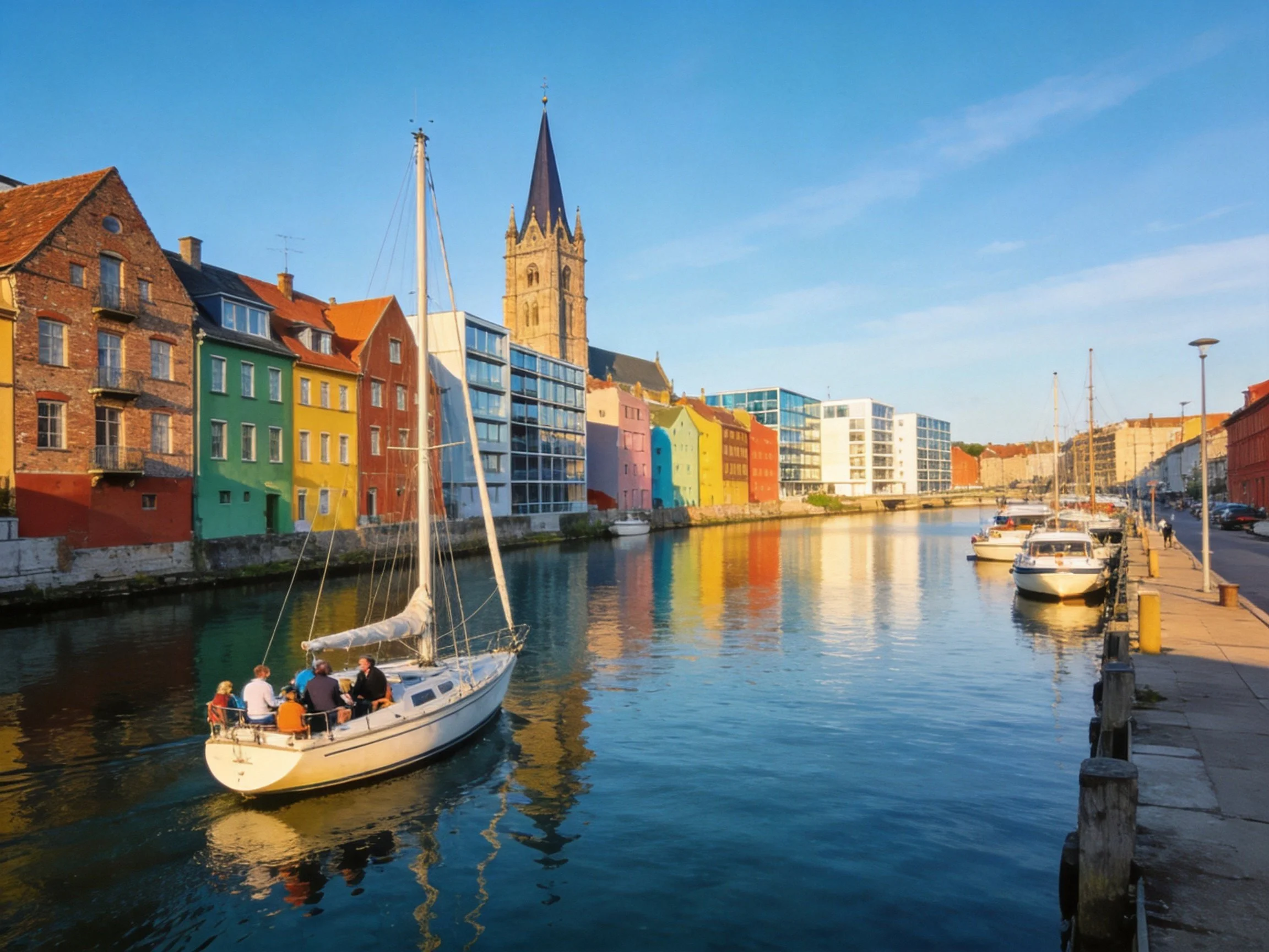 Historic multicolored buildings border a serene canal with boats
