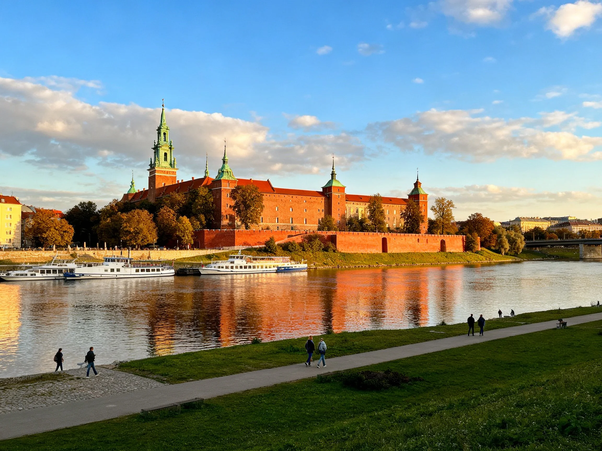Historic red-brick fortress by a serene river with boats and pedestrians