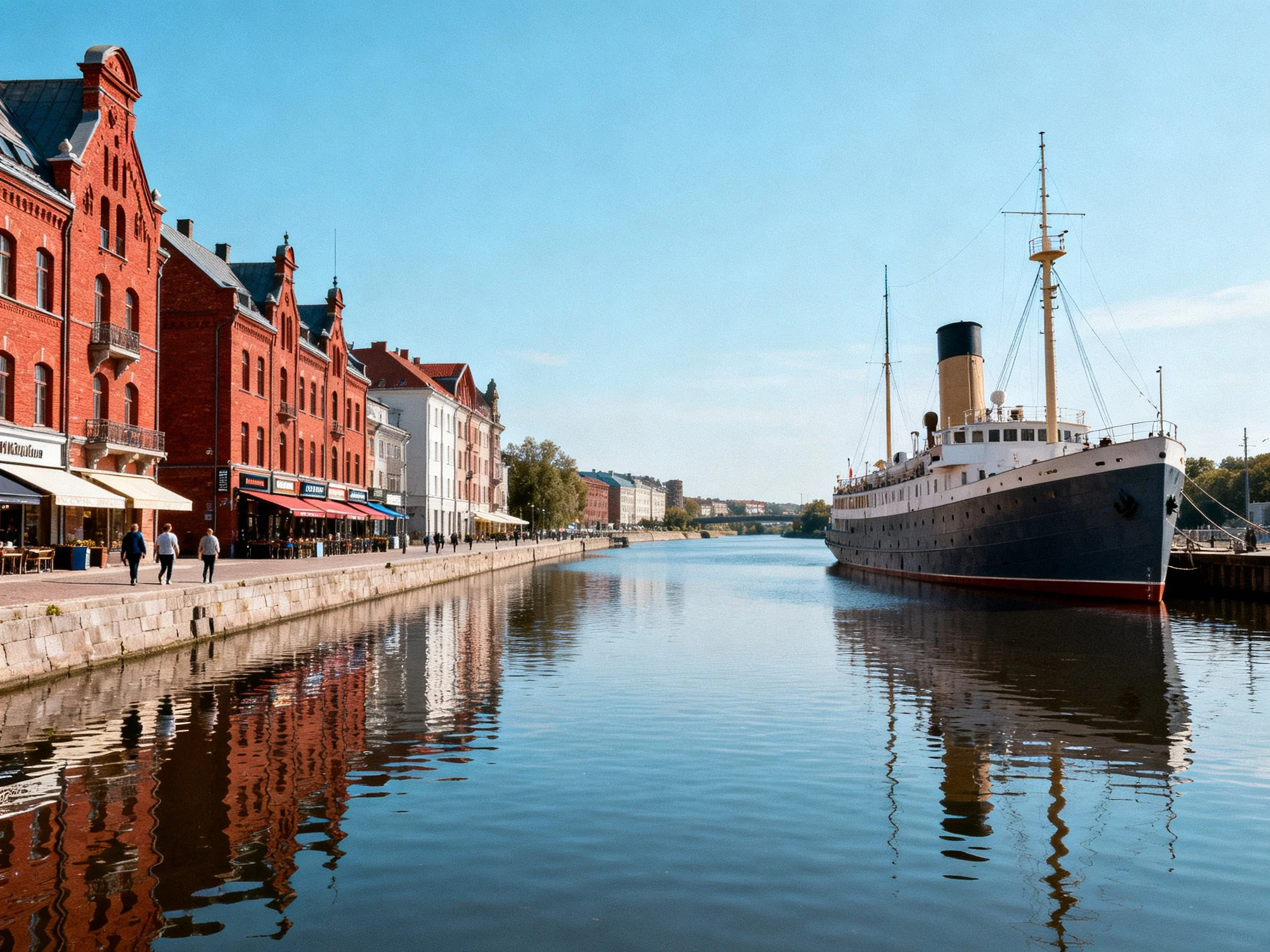 Historic steamship docked beside vibrant red-brick waterfront buildings