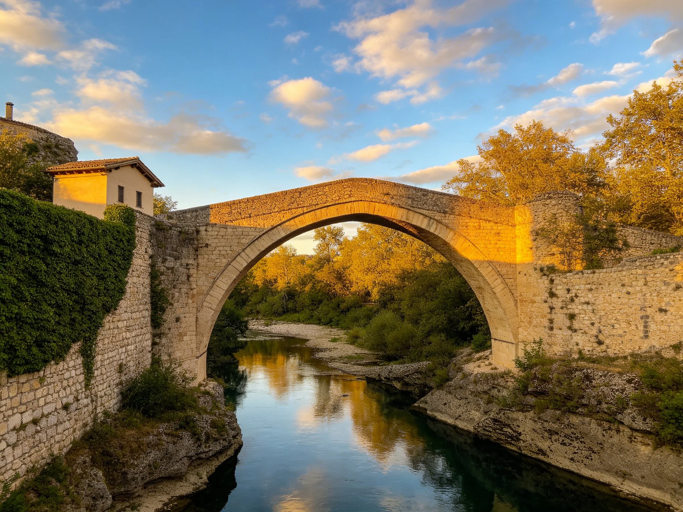 Historic stone arch bridge spans tranquil river at golden hour