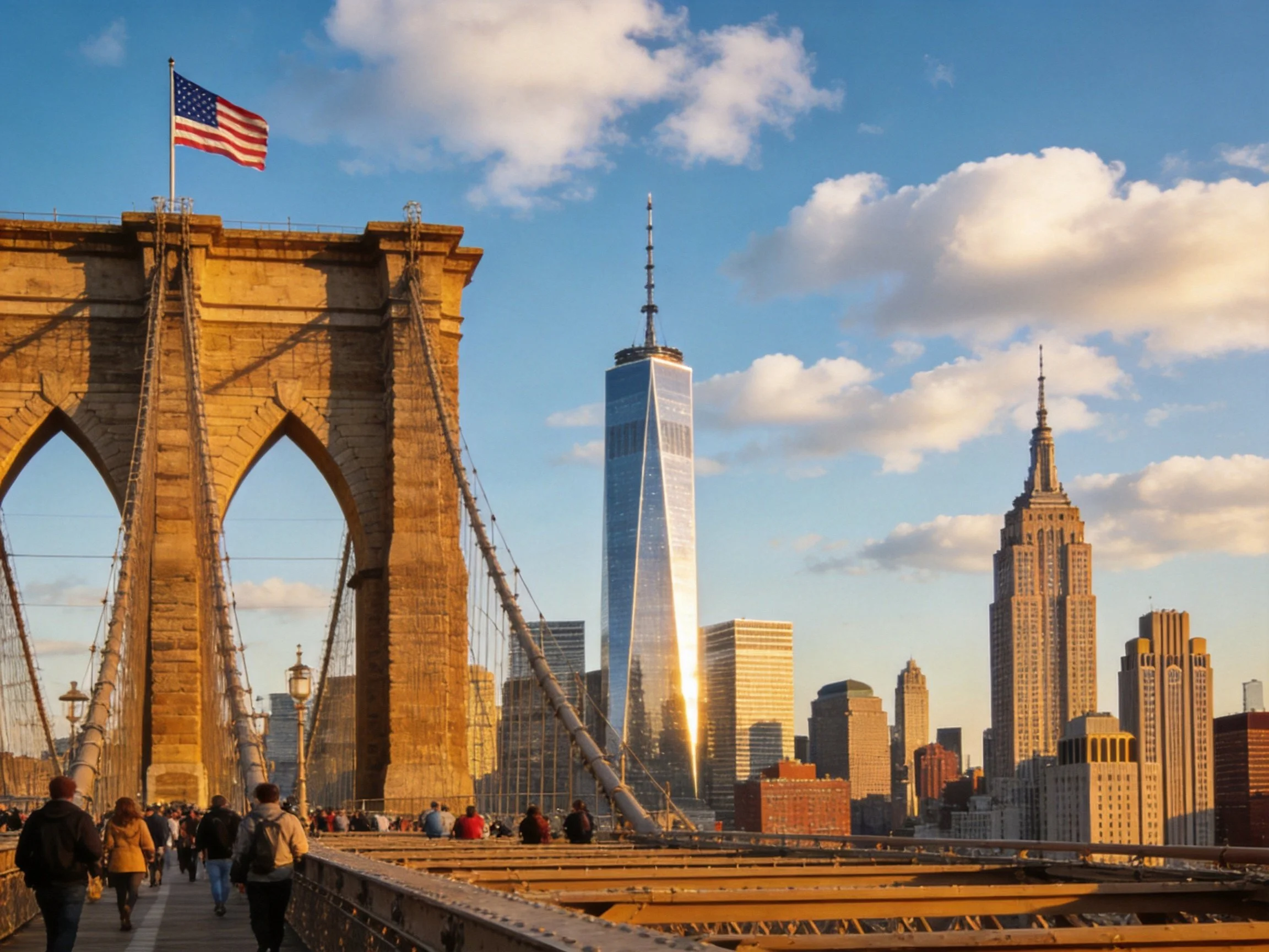 Historic stone bridge with pedestrians near modern skyscrapers