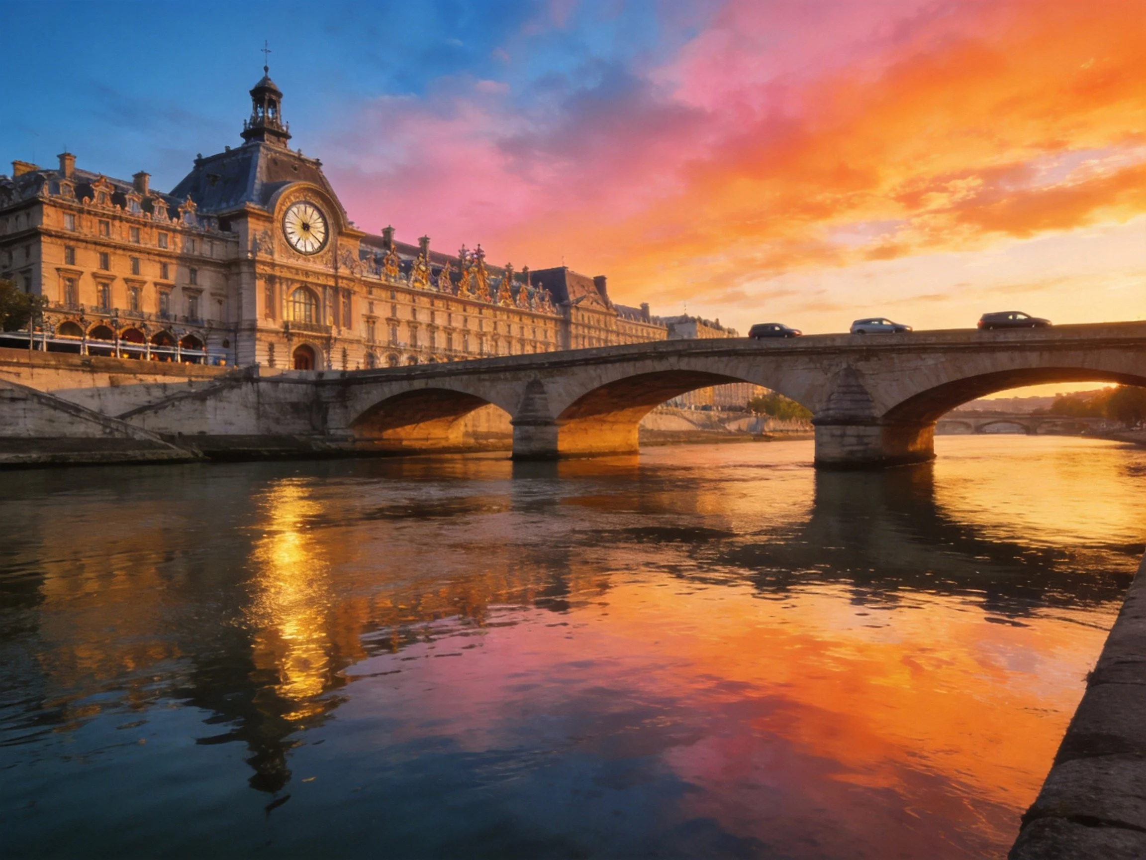 Historic stone building by arched bridge over reflective river at sunset