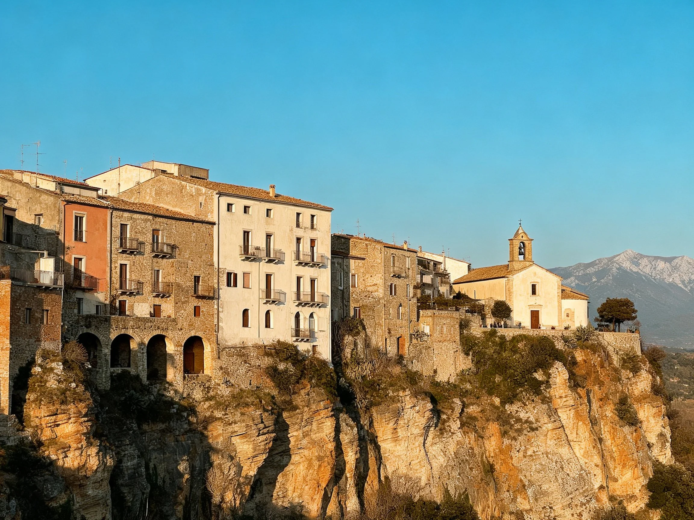 Historic stone buildings on a rocky cliff with a church tower