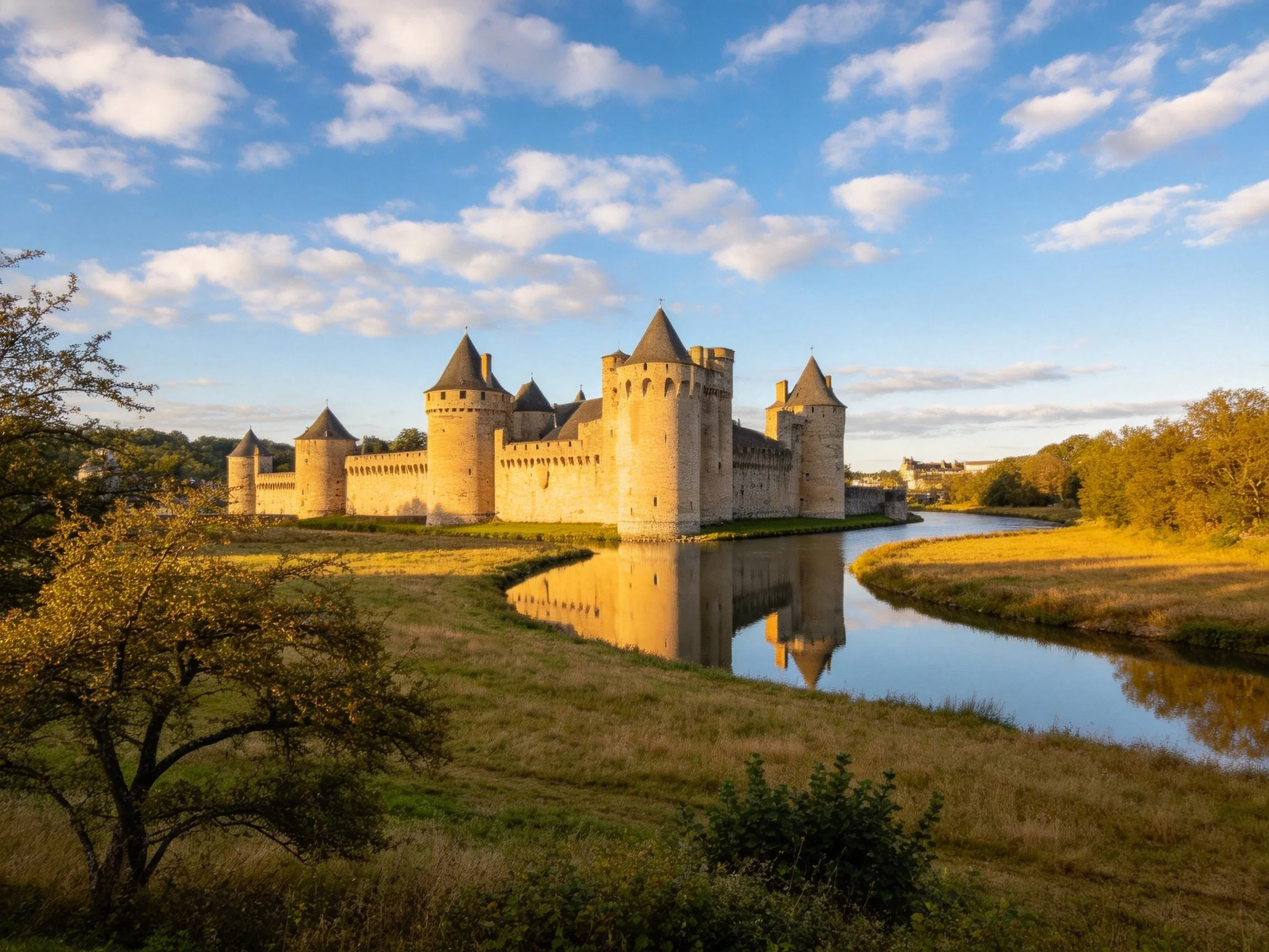 Historic stone castle reflected in calm river under golden light.