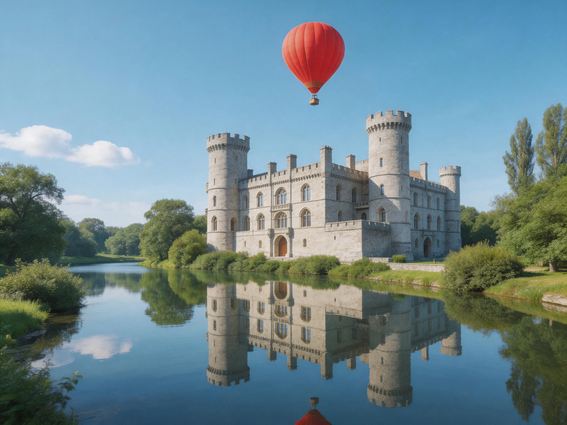 Historic stone castle with bright red hot air balloon over reflective waters