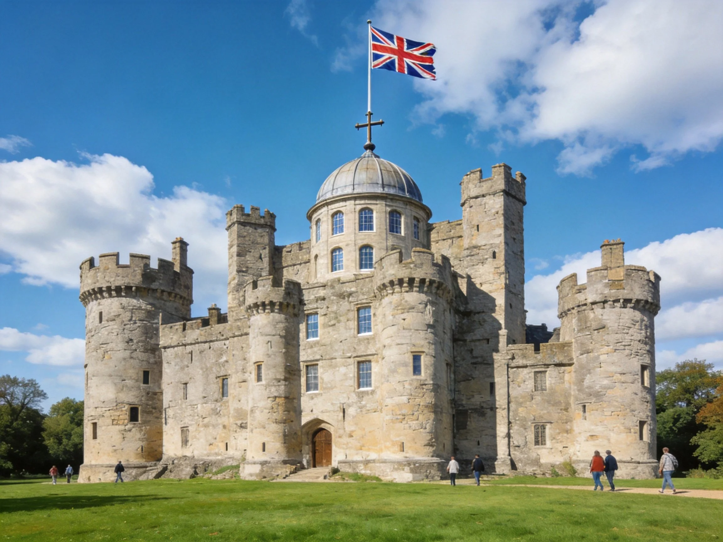 Historic stone castle with multiple towers and a Union Jack flag