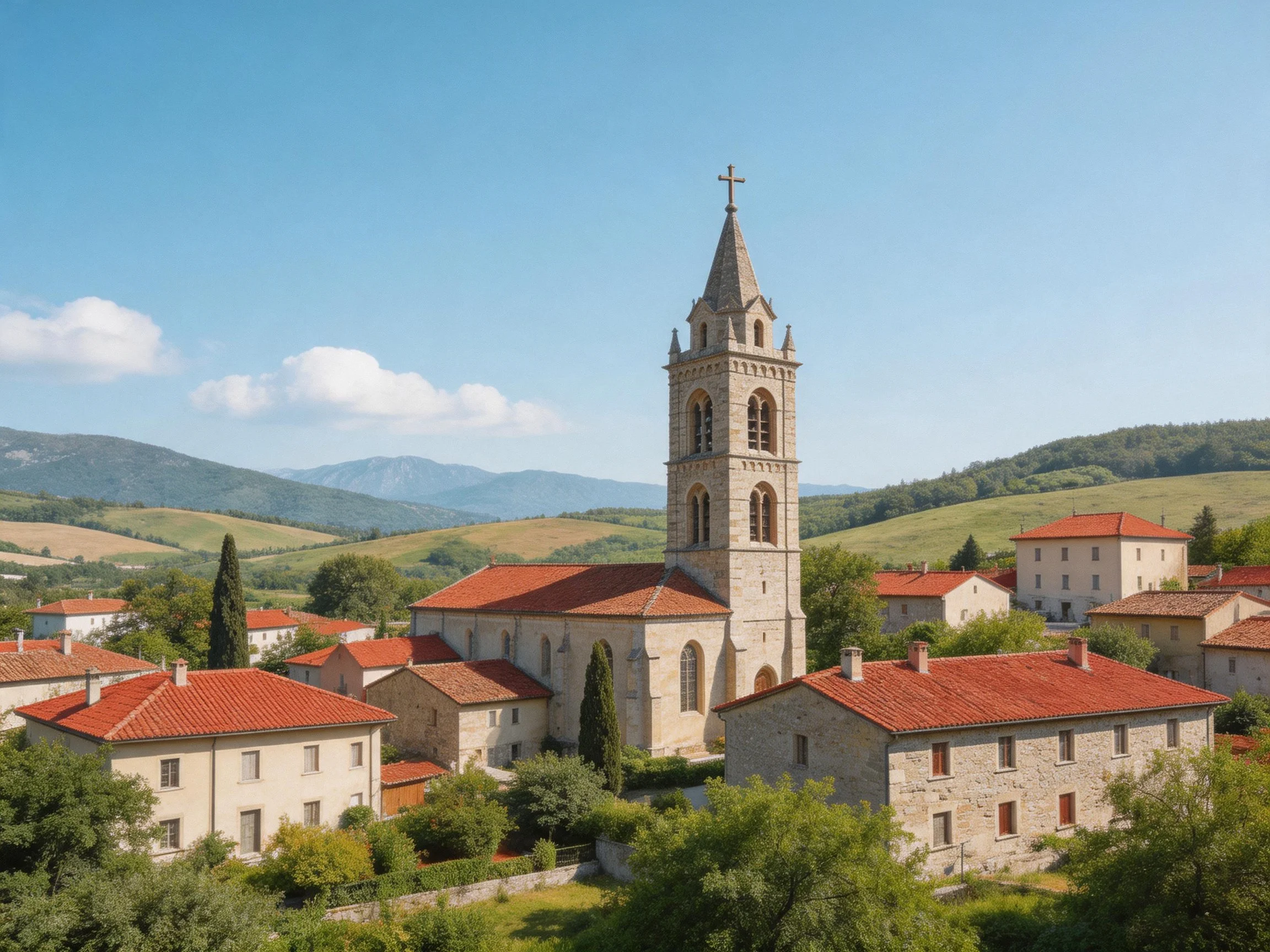 Historic stone church tower among red-roofed villages