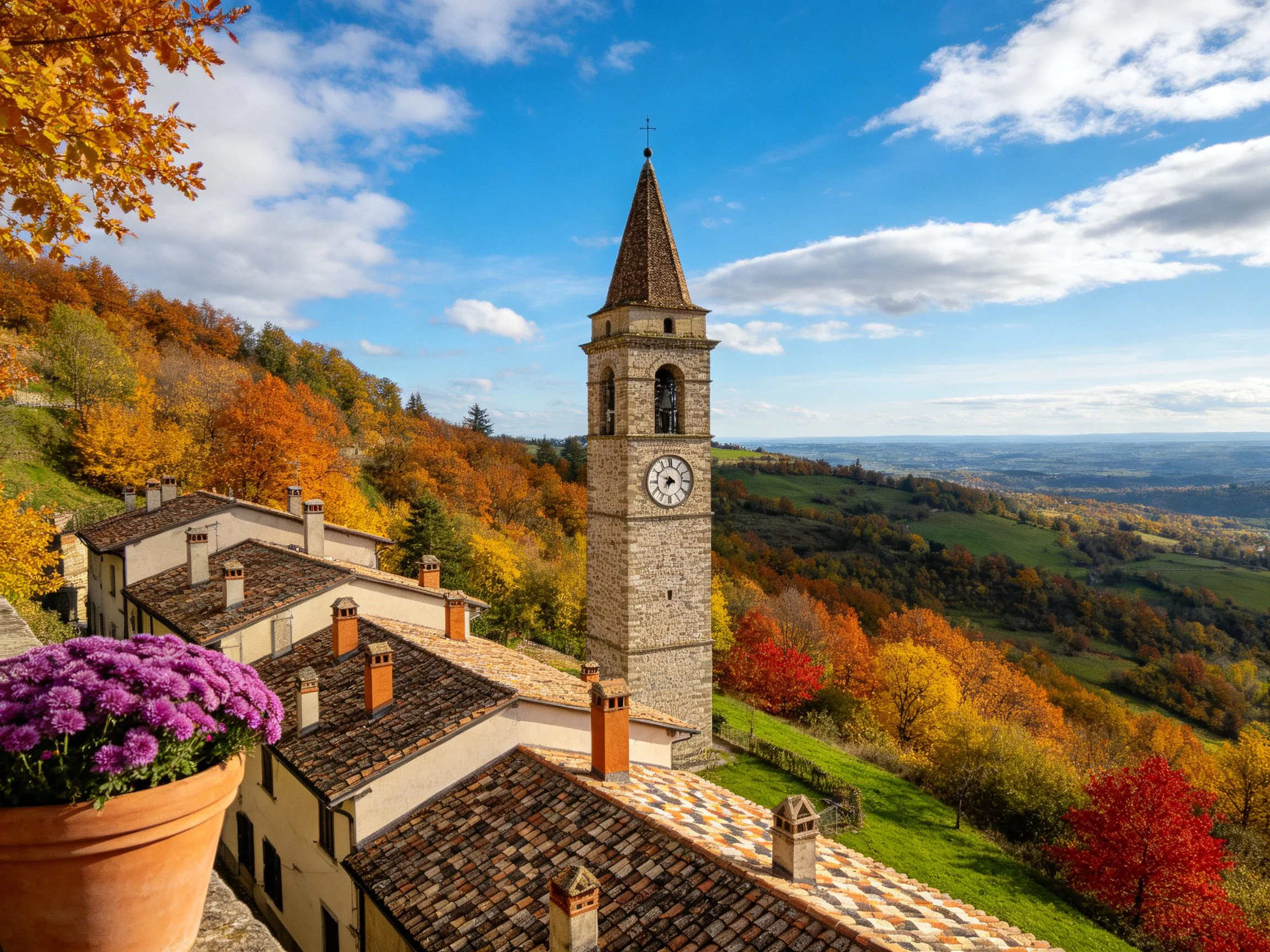 Historic stone clock tower overlooks vibrant autumn hills and traditional homes.