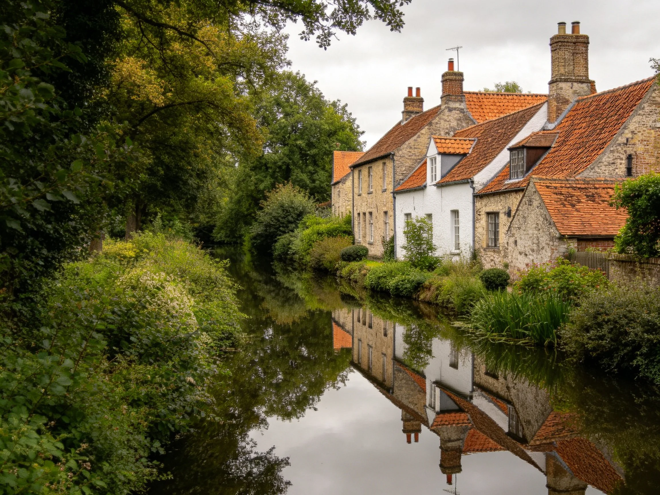 Historic stone cottages reflect in tranquil canal waters near dense foliage.