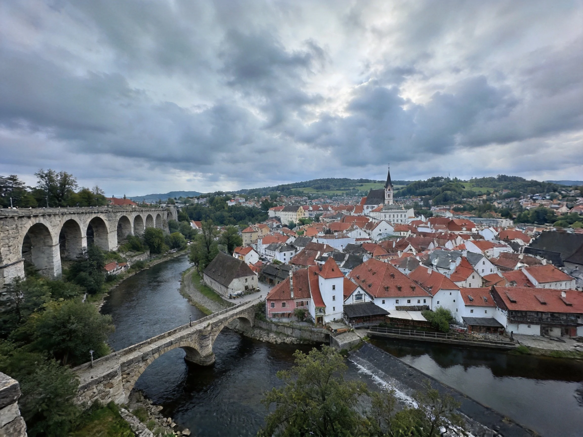 Historic town with red-tiled roofs, ancient stone bridges over a winding river